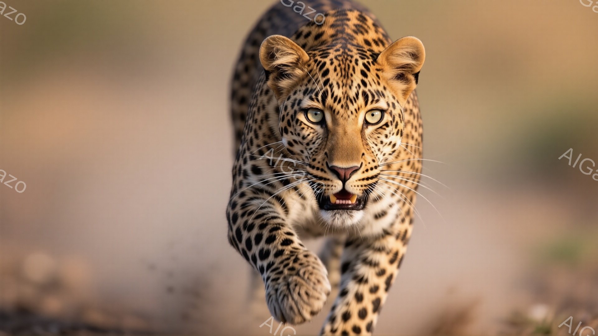 鮮やかな斑点模様を持つヒョウが、カメラに向かって力強く走り出す姿が捉えられています。鋭い眼光とわずかに開いた口元からは、野生の力強さと狩りの決意が感じられます。背景は乾燥した大地とぼんやりとした草むらで、ヒョウの存在感を際立たせています。