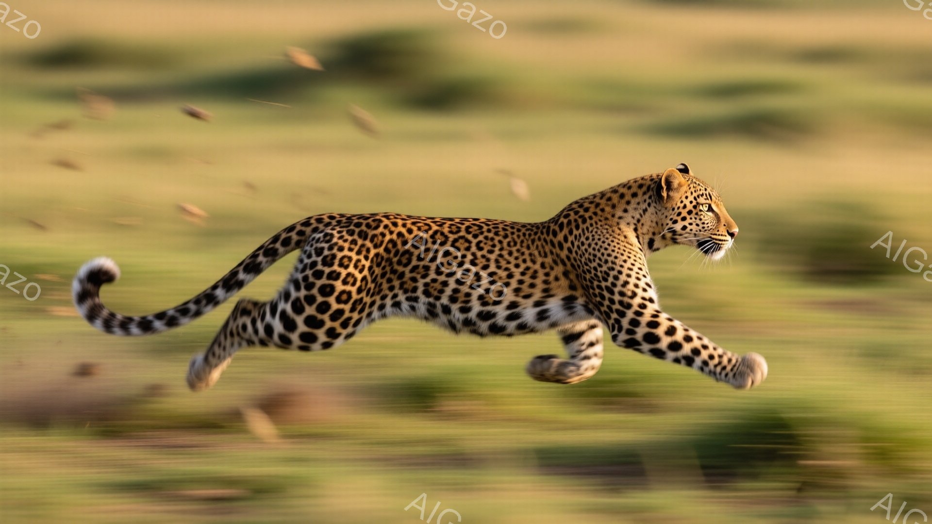ヒョウが草原を猛スピードで駆け抜けている様子が捉えられています。鮮やかな斑模様が際立ち、躍動感あふれる姿勢と、空中に舞う埃がそのスピード感を強調しています。背景は緑色の草原が広がり、夕暮れ時の柔らかな光が、ヒョウのシルエットを美しく照らし出しています。