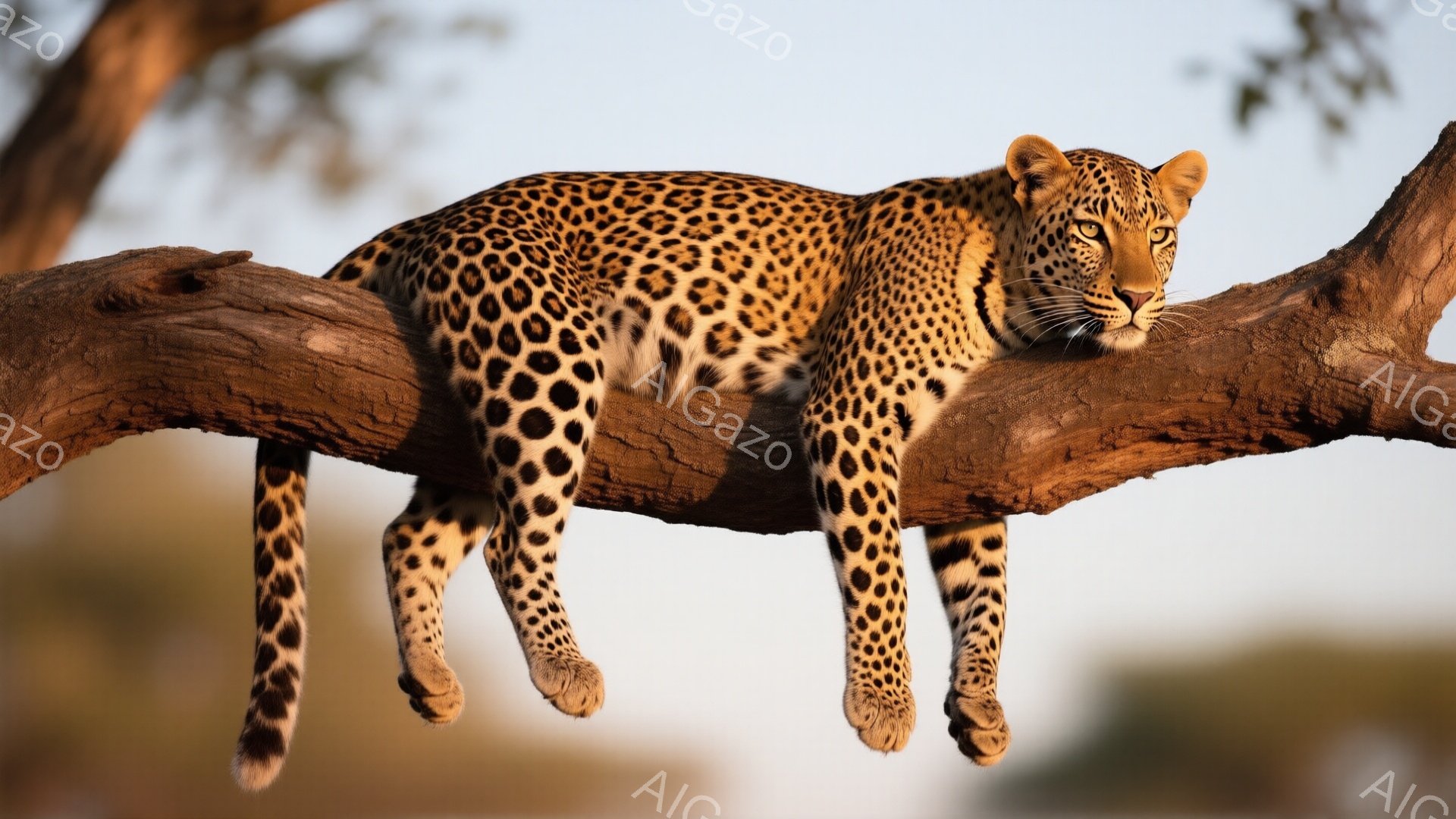 鮮やかな毛並みのヒョウが、太い木の枝に横たわって休んでいる様子が捉えられています。その表情は穏やかで、遠くを見つめながらリラックスした姿勢を見せています。背景には、ぼやけた緑の木々や明るい空が広がり、穏やかで自然な雰囲気を醸し出しています。