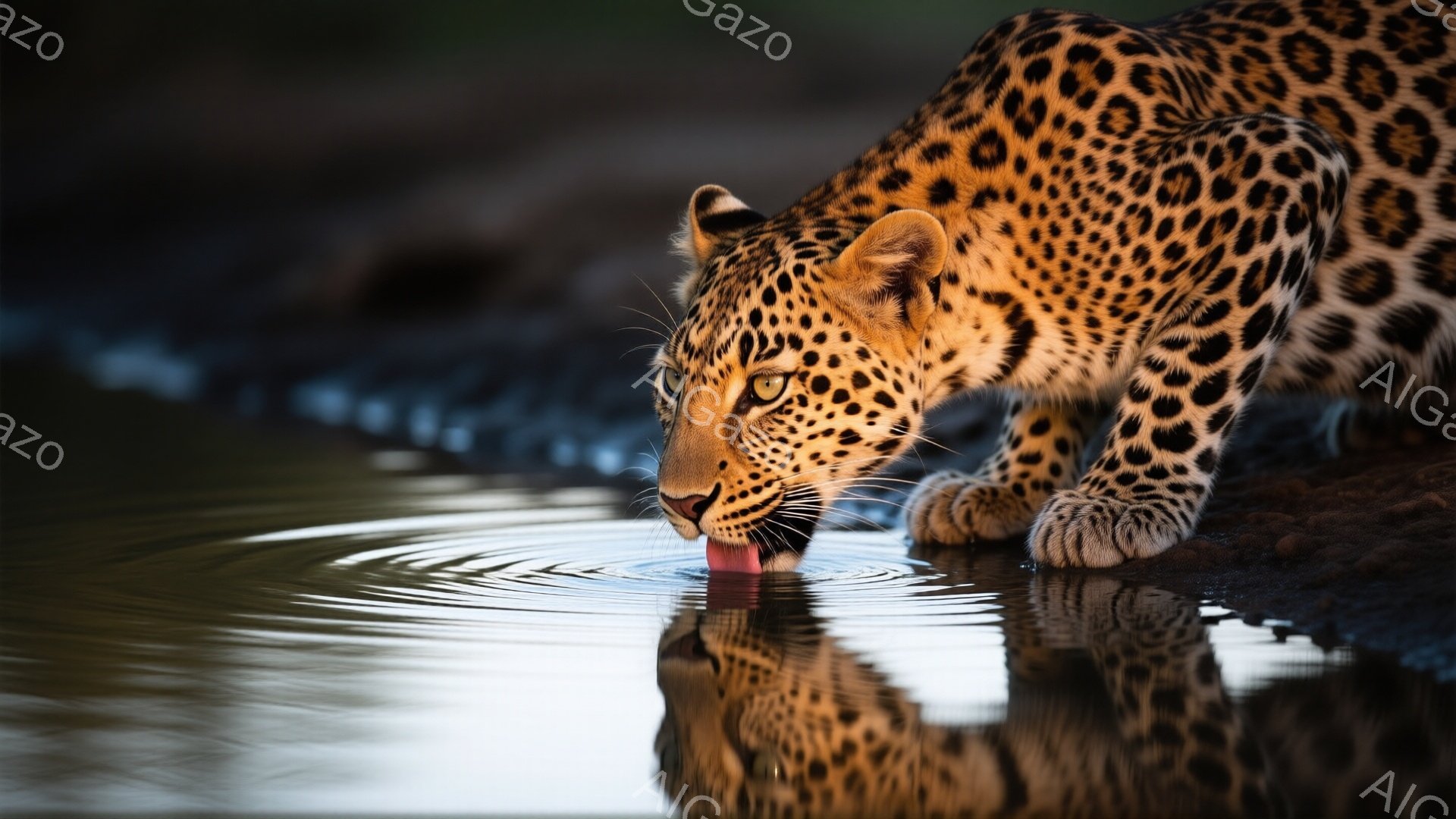 ヒョウが水たまりから水を飲んでいる様子が捉えられています。その毛並みは鮮やかな斑点で覆われ、集中した表情で水面に顔を近づけています。背景は暗く、水面に映るヒョウの姿と、水たまりの周囲の土が印象的で、静寂な自然の雰囲気が漂っています。