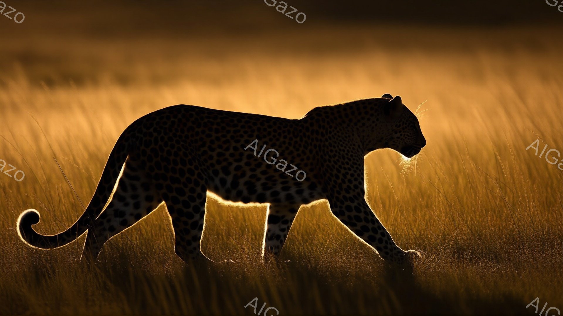 画像は、背の高い黄褐色の草むらの中を歩く、シルエットのような黒豹を描写している。その体躯は筋肉質で、力強い歩みと、優雅な尾が特徴的である。夕暮れ時のような暖かい光が豹の輪郭を照らし出し、野性味あふれる神秘的な雰囲気を醸し出している。