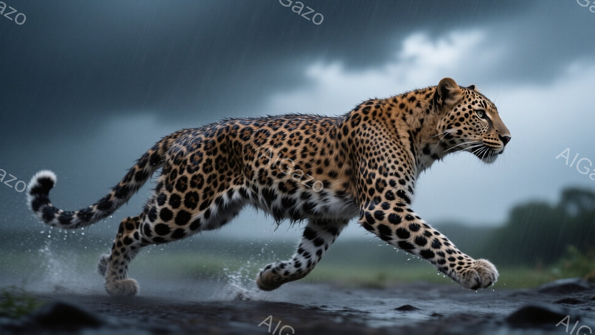 ヒョウが雨の中を力強く走り抜けている様子が捉えられています。毛並みは濡れてより鮮明になり、筋肉質な体が躍動感を増しています。背景は暗雲に覆われ、水たまりと緑の草地が広がり、荒々しい自然のエネルギーを感じさせます。