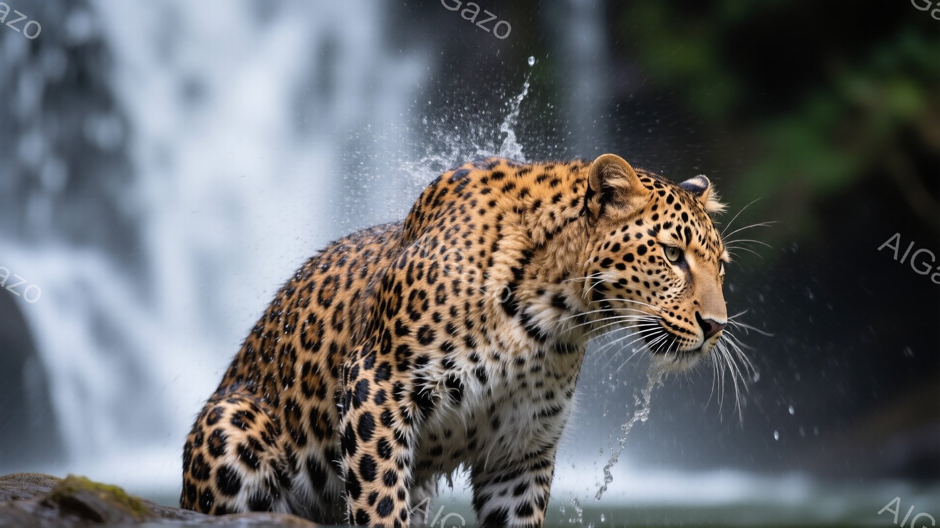 湿った岩の上にヒョウが佇み、水しぶきを浴びている姿が捉えられている。その毛並みは濡れて黒と茶色の斑点が際立ち、鋭い眼差しはどこか警戒心を漂わせている。背景には水が流れ落ちる滝があり、緑豊かな自然の中に野生動物の力強さを感じさせる。