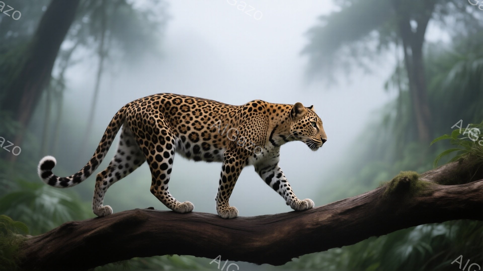 鮮やかな斑点模様を持つヒョウが、太い木の枝の上を慎重に歩いている。背景は霧に包まれた緑豊かな熱帯雨林で、深い緑とぼんやりとした木々が広がっている。全体的に、神秘的で静謐な雰囲気が漂い、自然の力強さと優雅さを感じさせる。