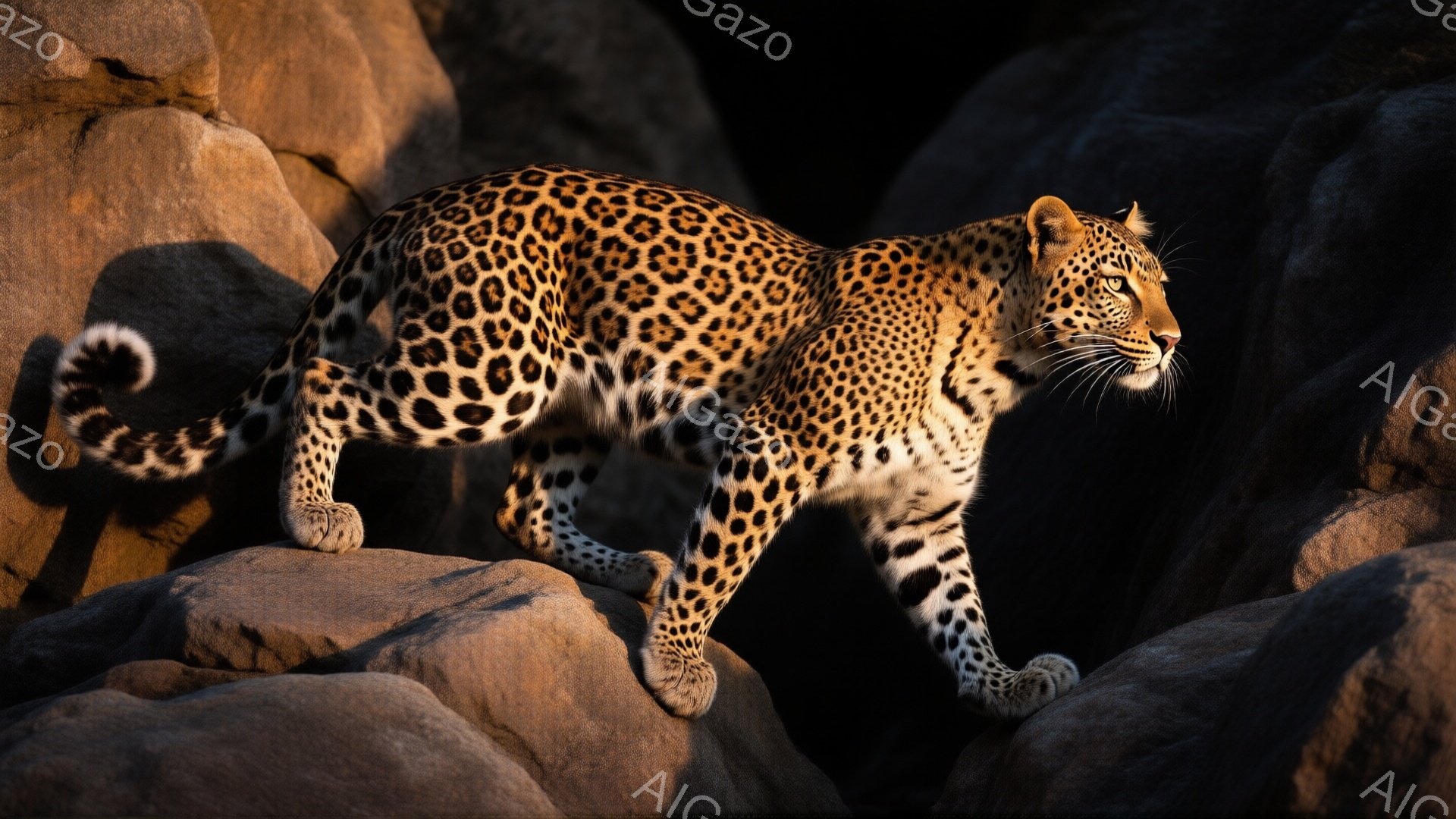 岩場を歩くヒョウが写っている。その毛並みは鮮やかな斑点で覆われ、筋肉質な体つきと鋭い眼差しが特徴的だ。背景は岩肌がむき出しになった荒涼とした風景で、強い日差しがヒョウのシルエットを際立たせている。 - AI生成フリー素材