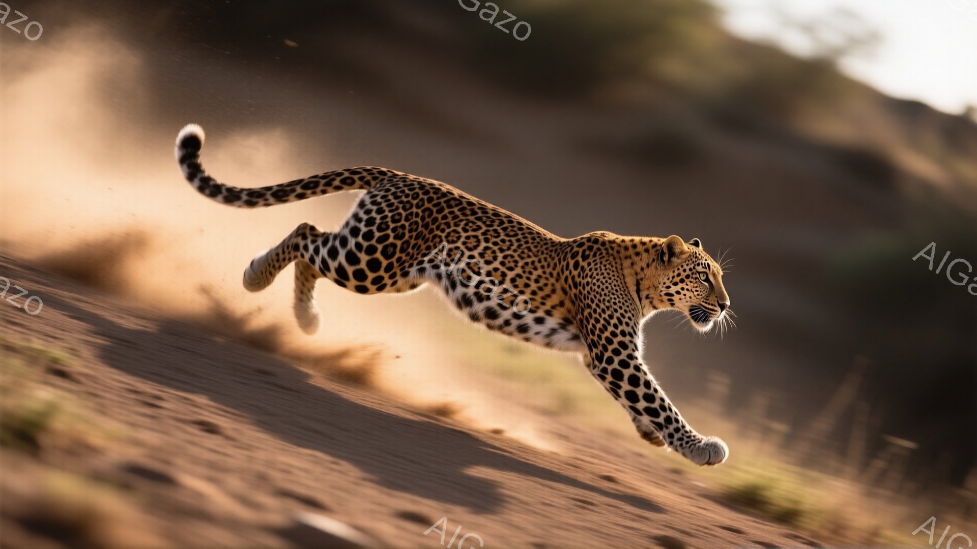 ヒョウが砂地の斜面をダイナミックに駆け上がっている姿が捉えられています。その体は力強く伸び、前足は大きく踏み出し、後ろ足は跳躍のために曲がっており、躍動感にあふれています。背景は茶色い砂地の斜面で、砂埃が舞い上がり、ヒョウのスピード感を強調しています。