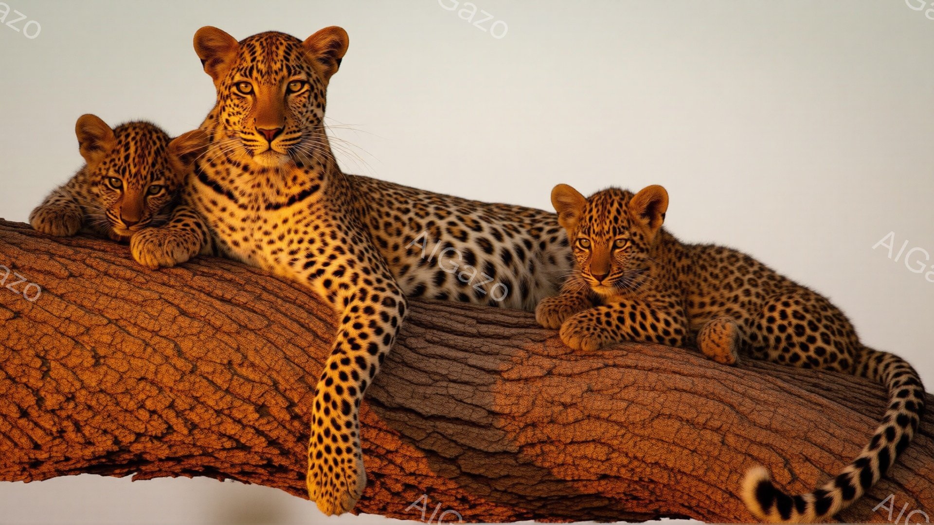 鮮やかな夕焼けを背景に、母豹と子豹が太い木の枝に横たわっている。母豹は自信に満ちた表情で遠くを見つめ、子豹たちはそれぞれリラックスした様子で枝に体を預けている。木の皮の質感と豹の美しい斑模様が印象的な、穏やかで力強い雰囲気の写真である。