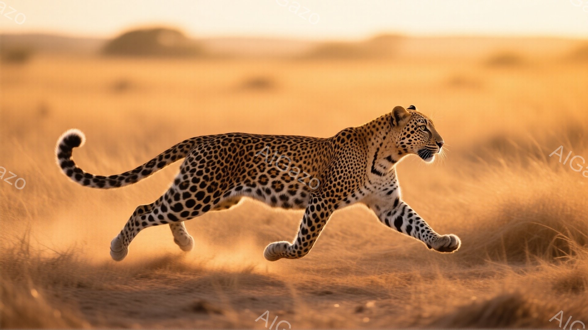 広大なサバンナを、ヒョウが力強く駆け抜けている様子が捉えられている。毛並みは鮮やかな斑点模様で、筋肉質な体躯と躍動感あふれる姿勢が印象的だ。背景には乾燥した草地が広がり、夕焼けのオレンジ色の光が辺りを - AI生成フリー素材