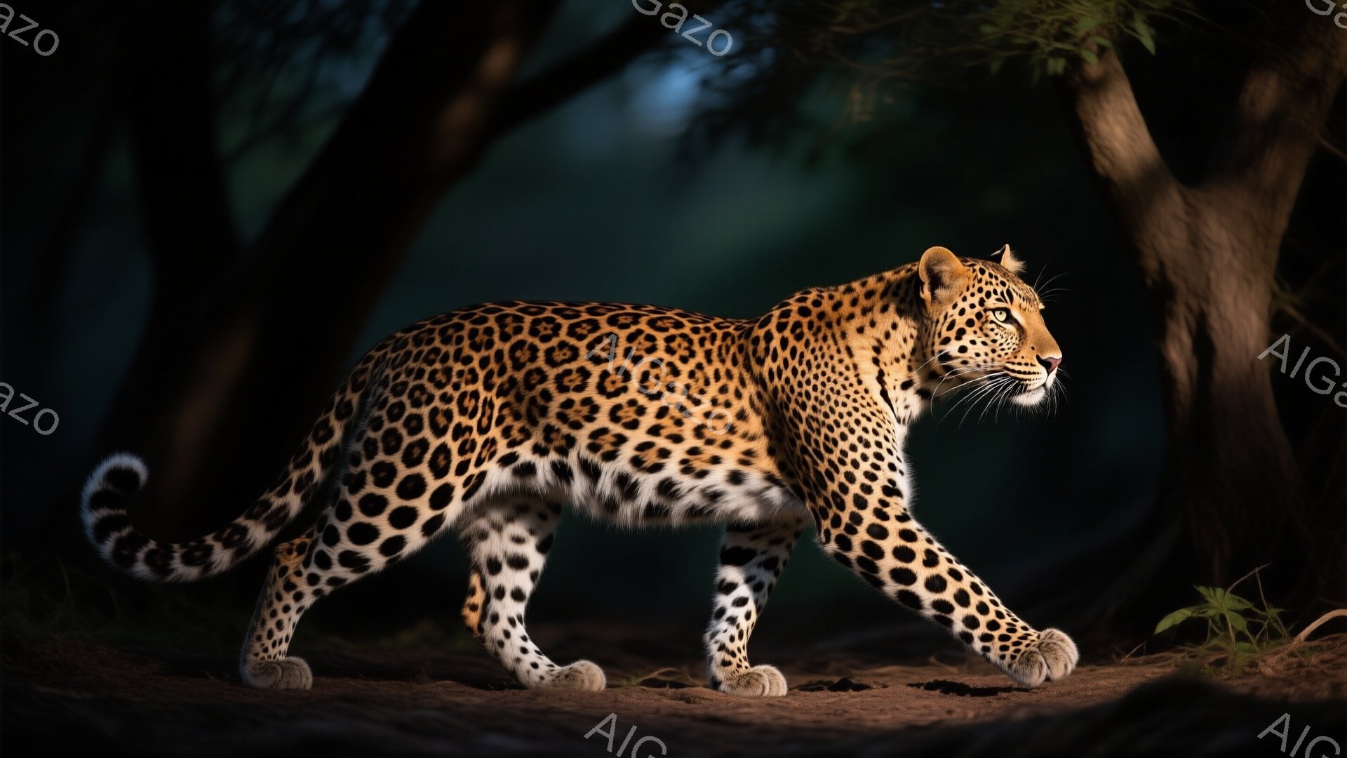 ヒョウが薄暗い森の中を歩いている姿が捉えられている。その毛皮は特徴的な斑点で覆われ、筋肉質な体格がよくわかる。背景は緑豊かな植生と木々で、光と影のコントラストがヒョウのシルエットを際立たせ、野生の雰囲気を強調している。