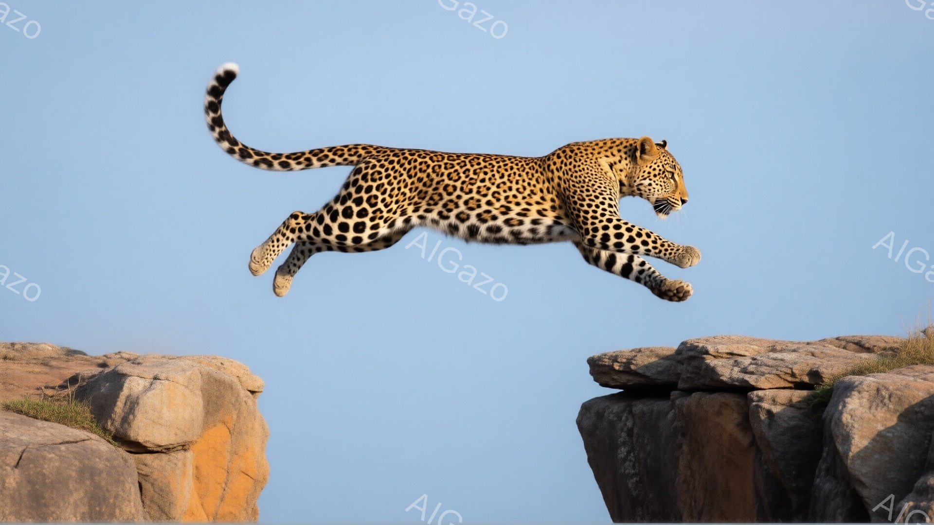 岩の崖の間を、ヒョウがダイナミックなジャンプで飛び越えている様子が捉えられています。背景は穏やかな青空で、崖の岩肌は赤茶色で荒々しい質感を見せています。ヒョウの筋肉質な体躯と力強い姿勢が、野生の躍動感を強調しています。