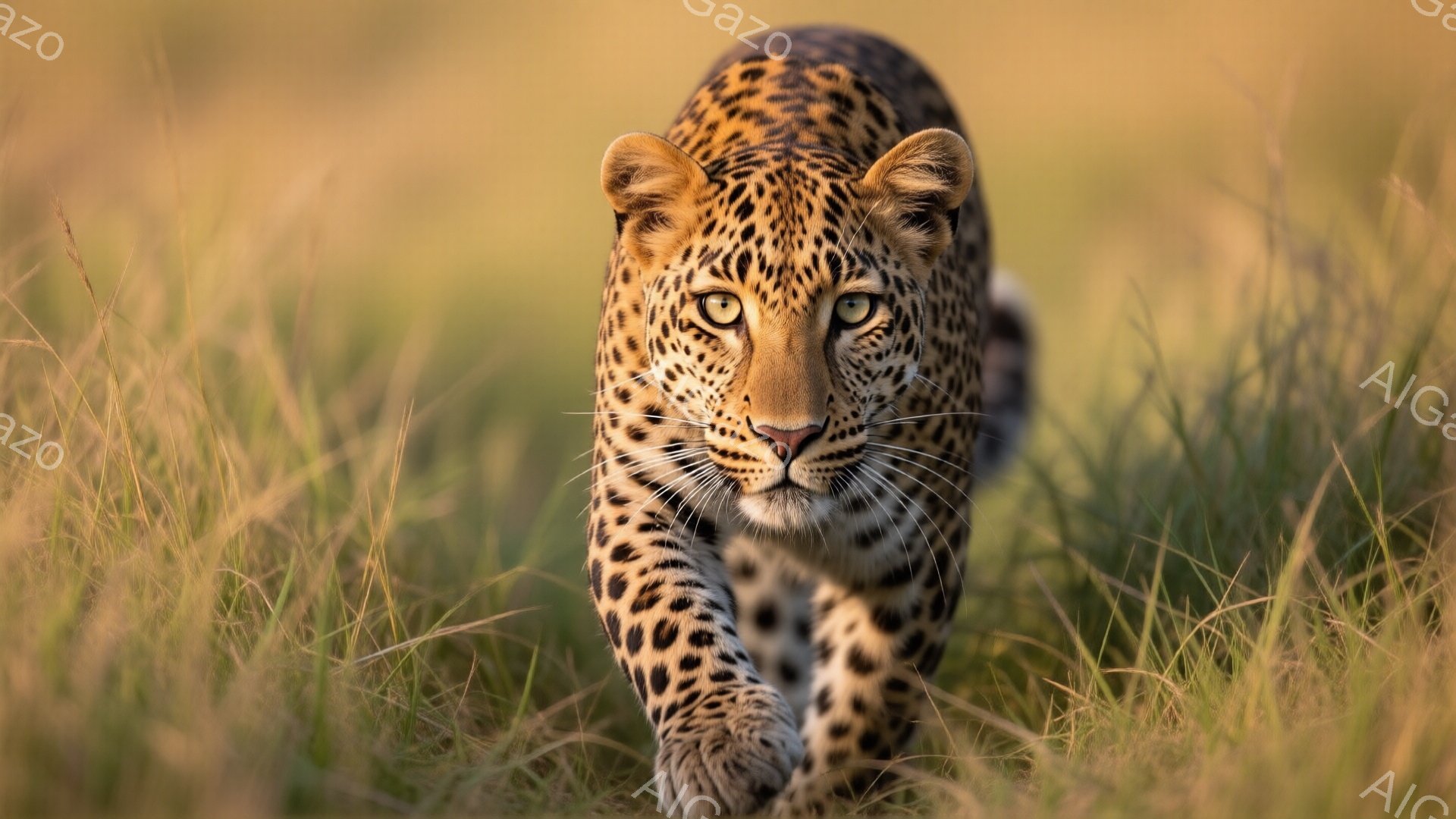 鮮やかな日差しの中、ヒョウが長い草の中をまっすぐこちらに向かって歩いてくる姿が捉えられています。その毛並みは特徴的な斑点模様で覆われ、鋭い眼光は力強く、獲物を狙うかのような印象を与えます。背景は黄金色の草原が広がり、ヒョウの存在感を際立たせています。