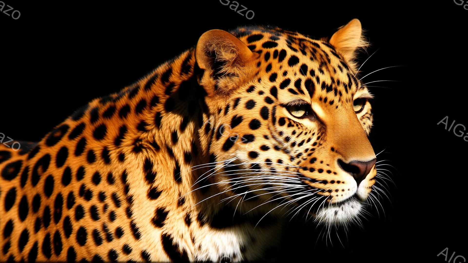 鮮やかなオレンジ色と黒色の斑点が特徴的なヒョウが、カメラの方を鋭い眼差しで見つめている。顔の毛並みは細かく、口髭のような白い毛が印象的で、リラックスした、しかし警戒心のある表情を見せている。背景は真っ暗で、ヒョウの鮮やかな色彩と輪郭が際立っている。