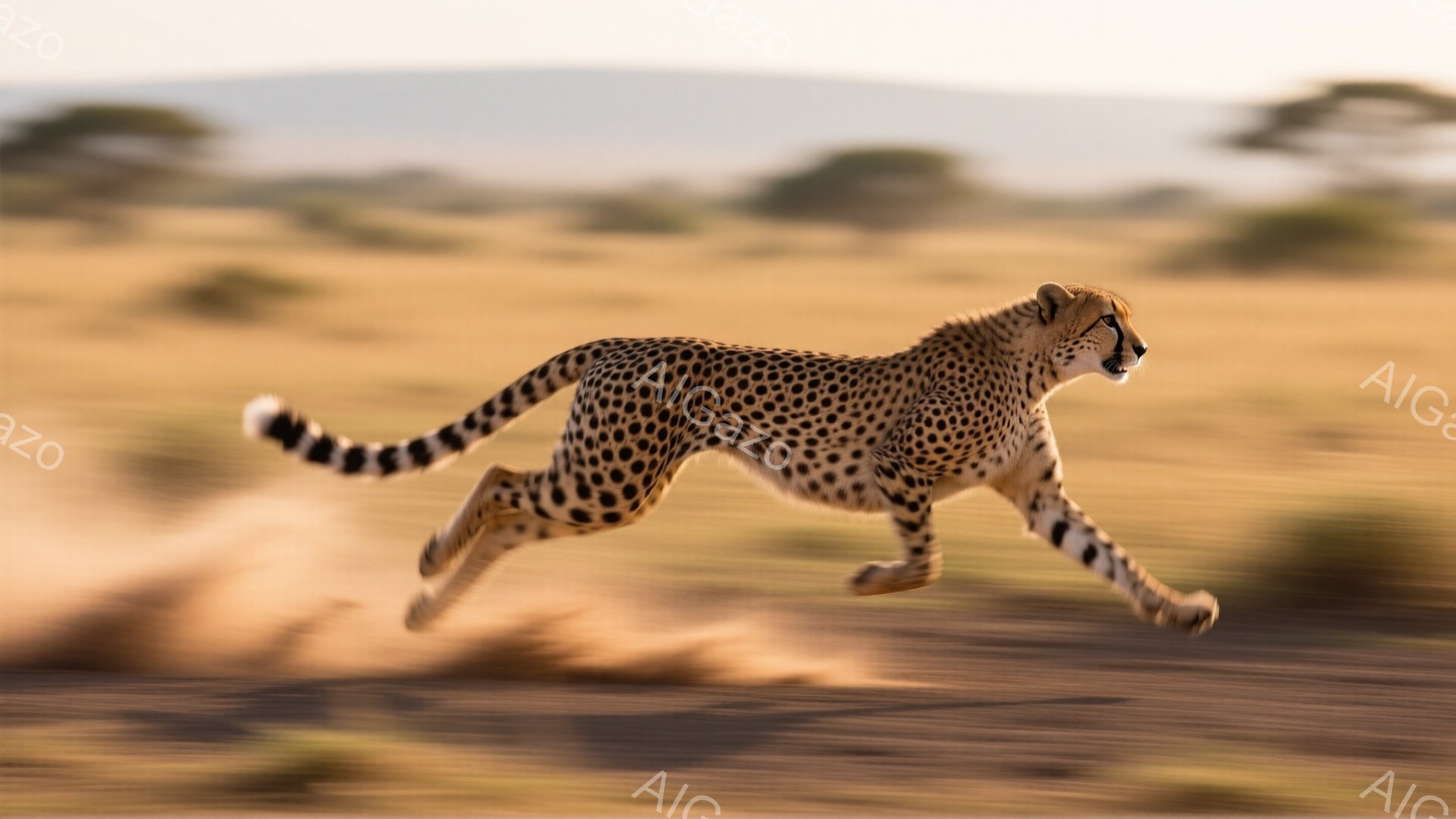 チーターが砂漠のような平原を猛スピードで駆け抜けている様子が捉えられています。身体には特徴的な斑点が広がり、筋肉質な脚で地面を蹴り上げ、力強い躍動感が伝わってきます。背景は乾燥した大地と遠くに見える低い木々で、夕暮れ時の暖かく穏やかな光が全体を包み込んでいます。
