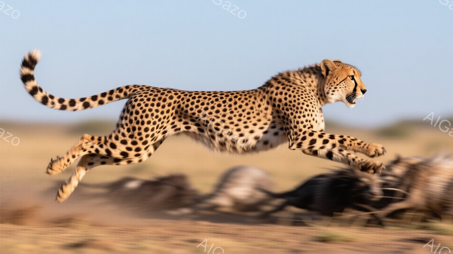 広大なサバンナをチーターが力強く飛び越えている様子が捉えられています。背景にはぼやけたシマウマの群れが見え、チーターが狩りの最中であることが伺えます。空は晴れ渡り、乾燥した大地とのコントラストが、野生動物の力強い生命力を際立たせています。