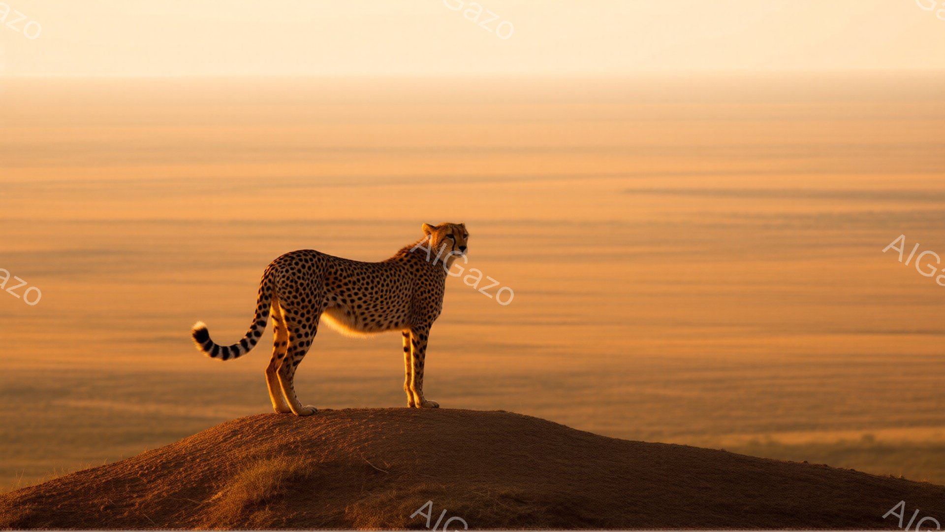 広大なサバンナを見下ろすチーターが、小さな丘の上に立っている。その毛並みは特徴的な斑点模様で、筋肉質な体つきがよくわかる。背景は夕焼けに染まった黄金色の平原で、暖かく穏やかな雰囲気を醸し出している。