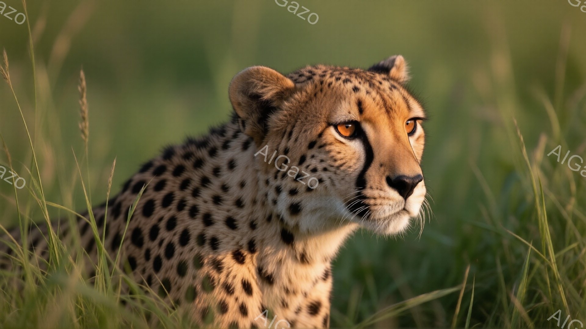 ヒョウ柄の毛並みを持つチーターが、緑色の草むらの中に身を潜めている。鋭い眼光で何かを捉えようとしており、静かに獲物を狙う様子が伝わる。背景の草は柔らかい光に照らされ、穏やかな自然の雰囲気を醸し出している。