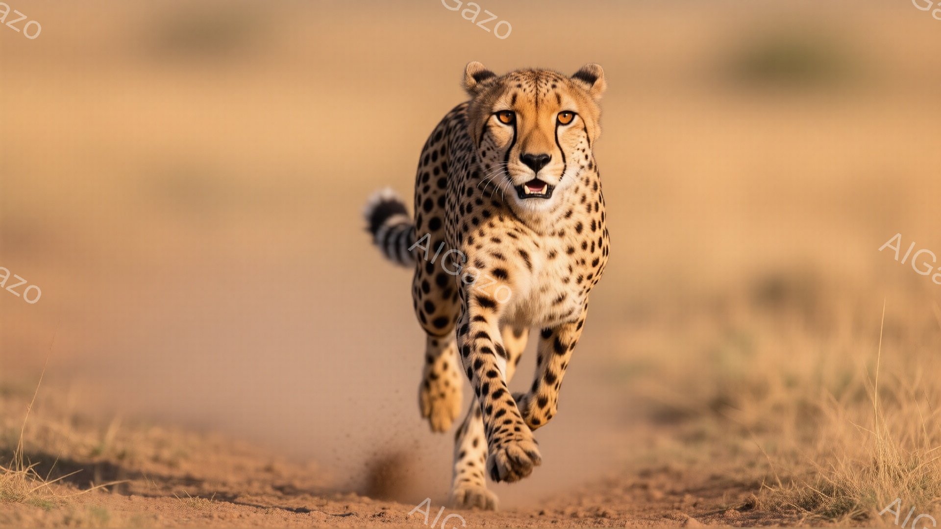 鮮やかな日差しの下、チーターが砂漠地帯を猛スピードで駆け抜けている。その姿は躍動感に満ちており、力強く、筋肉質な脚が砂埃を巻き上げている。背景には乾いた草地が広がり、背景のぼやけがチーターのスピード感を強調している。