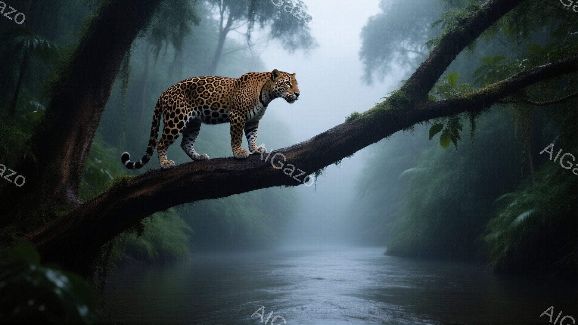 鬱蒼としたジャングルの木の上で、一匹のジャガーが優雅に佇んでいます。濃い緑の葉と霧に包まれた背景は、神秘的で静謐な雰囲気を醸し出し、水面は薄暗く、周囲の緑と一体化しています。ジャガーの模様は鮮明で、力強さと美しさを際立たせています。