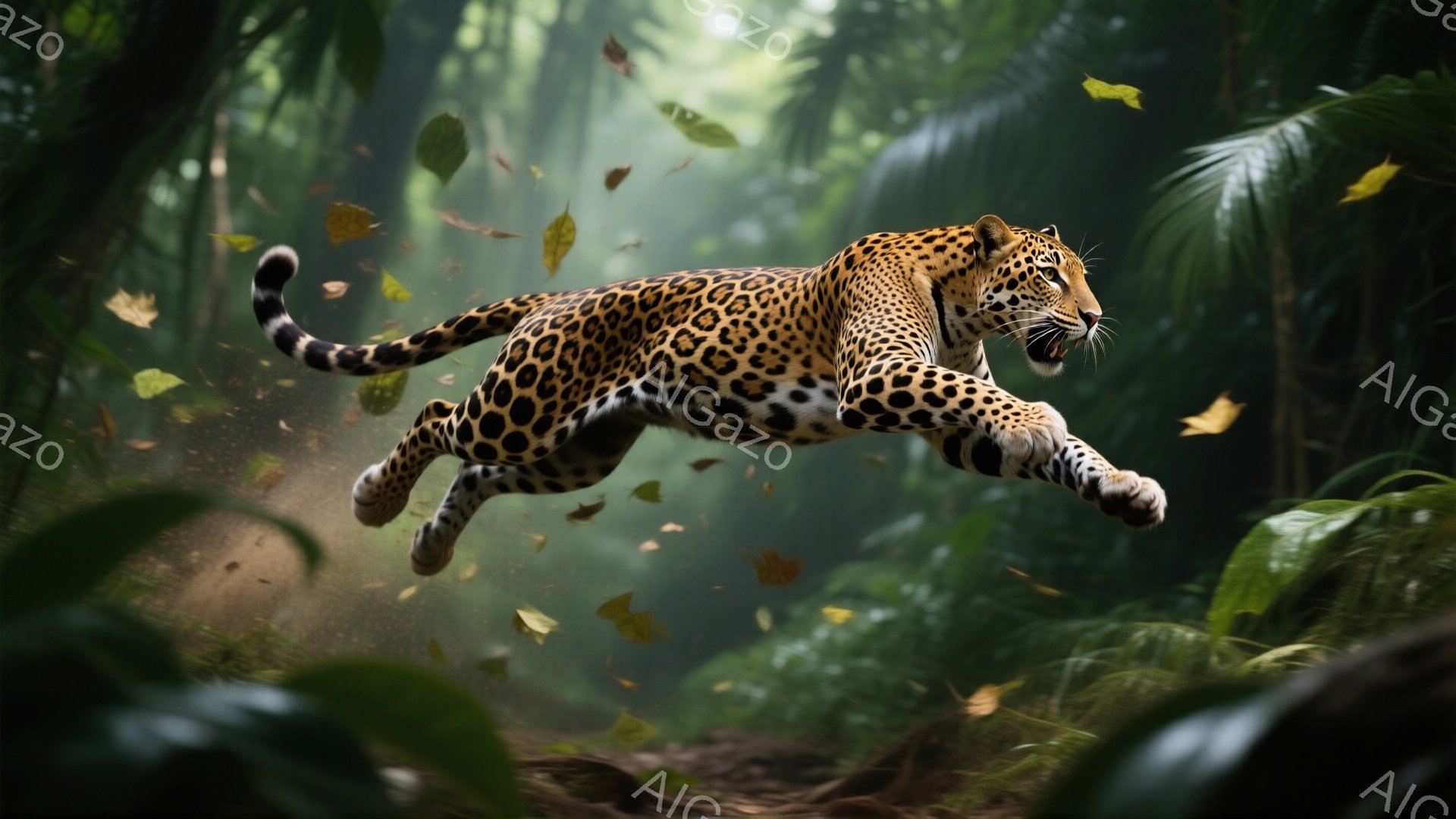 緑豊かな熱帯雨林の中で、一頭のヒョウが力強くジャンプしている様子が捉えられています。その体は特徴的な斑点模様で覆われ、鋭い爪を伸ばし、口を開けて獲物を狙っているかのような表情をしています。背景には濃い - AI生成フリー素材