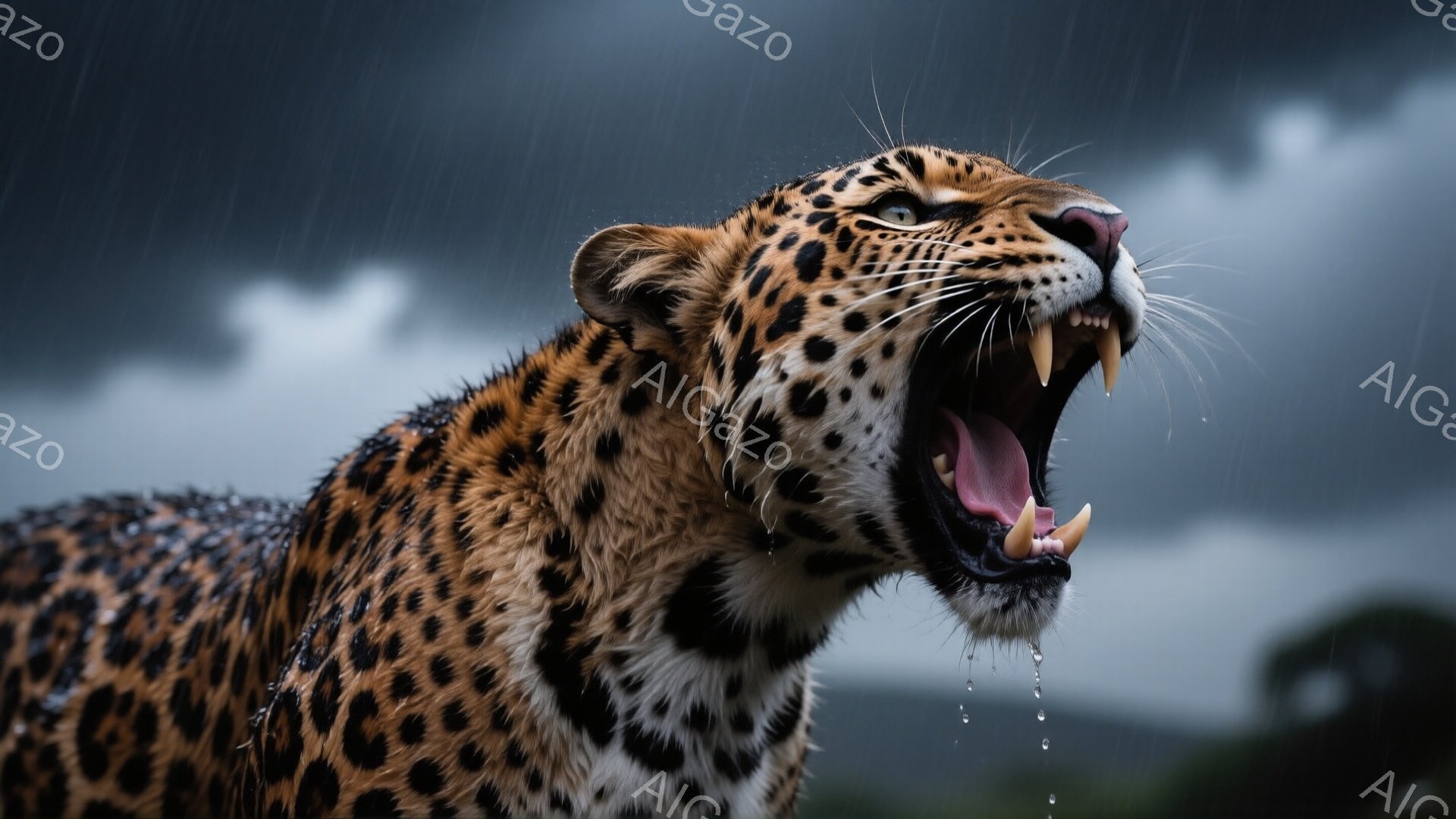濡れた毛並みを持つヒョウが口を大きく開け、鋭い牙をむき出している。背景は暗い雲に覆われ、雨が降っている様子がうかがえる荒野で、ヒョウの力強く、やや攻撃的な雰囲気を強調している。雨粒がヒョウの毛並みを濡らし、野生の生命力と危険な魅力を際立たせている。