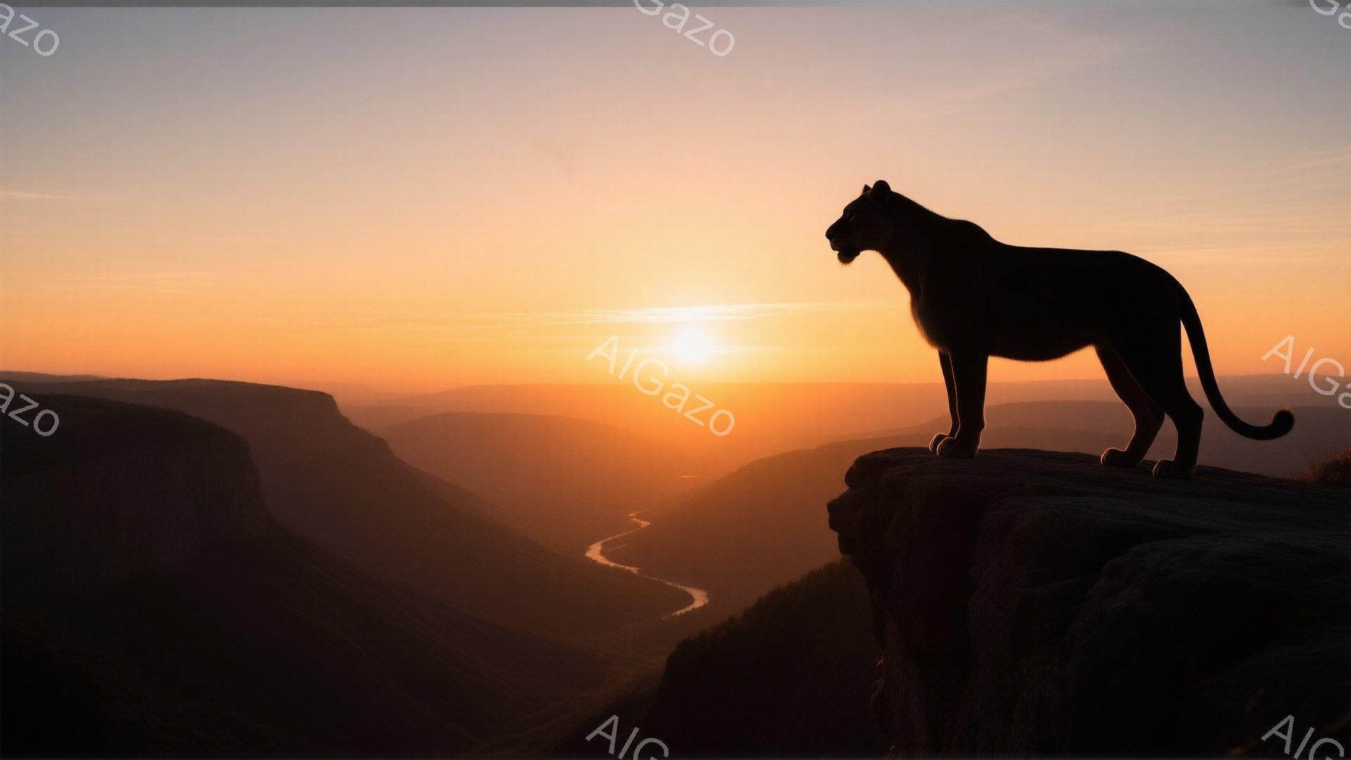 岩の崖の上にシルエットで描かれた黒い大きな猫科動物が、夕焼けを背景に堂々と立っている。崖の下には蛇行する川が見え、遠くには山々が連なっている。夕焼け空はオレンジと黄色で染まり、力強く、そして神秘的な雰囲気を醸し出している。