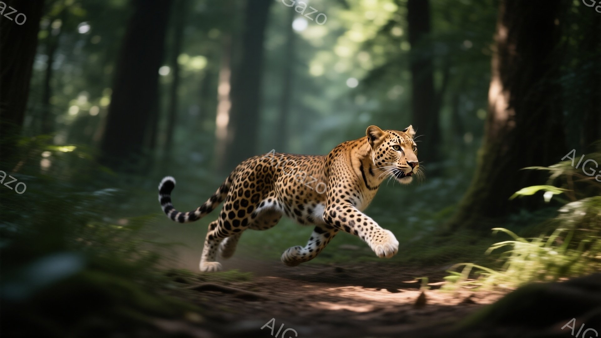 緑豊かな森林の中で、ヒョウが力強く走り抜けている姿が捉えられています。その体毛は鮮やかな斑点で覆われ、筋肉質な四肢が躍動感を強調しています。背景には木漏れ日が差し込み、ヒョウの動きと相まって、野生の力強さと神秘的な雰囲気を醸し出しています。
