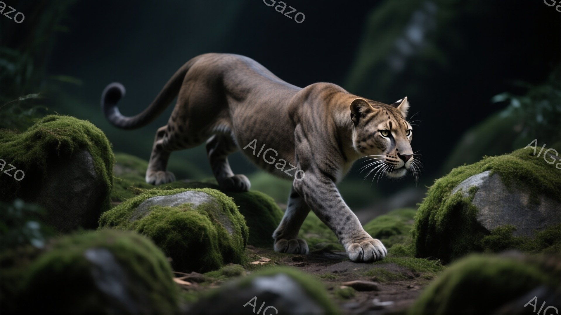 湿った森林の中で、一頭のヒョウが慎重に歩を進めている。岩や苔むした木々が背景に広がり、暗く陰鬱な雰囲気を醸し出している。ヒョウの毛並みは斑点で覆われ、その鋭い眼差しは獲物を狙っているかのように見える。