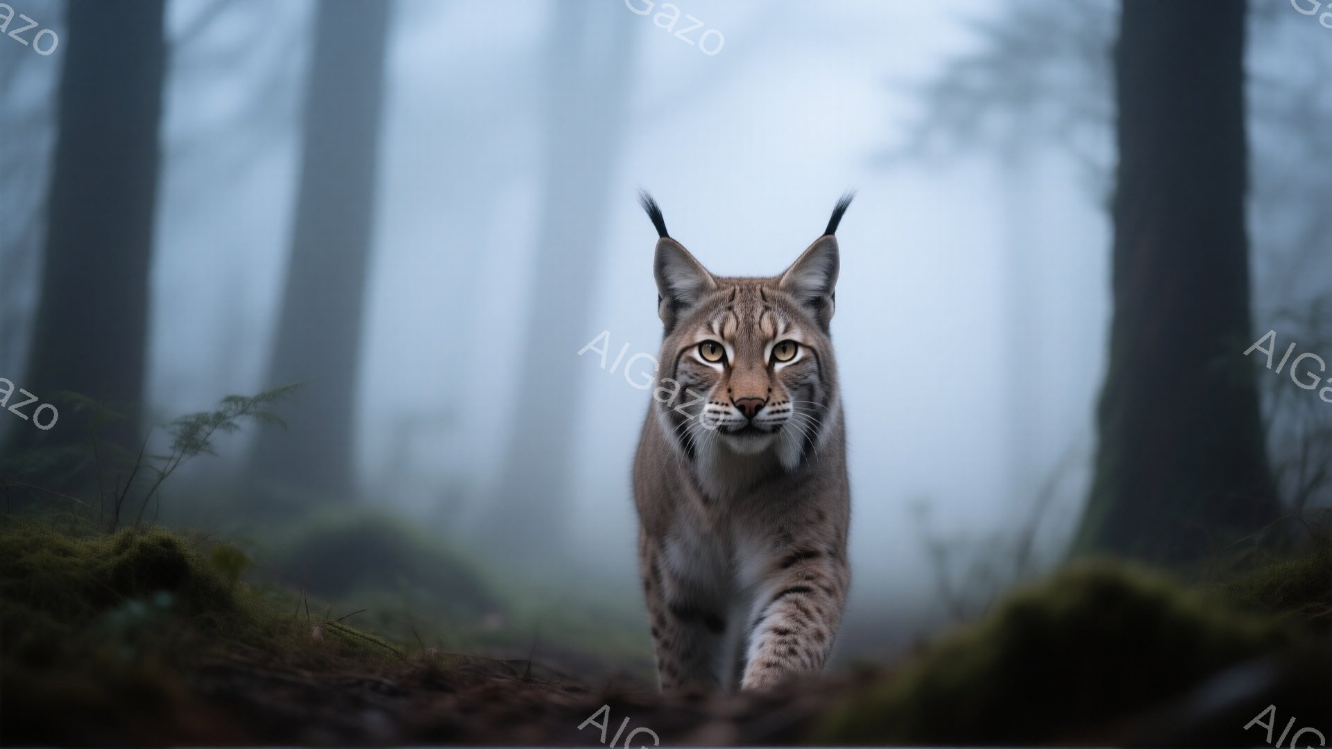霧深い森の中を、顔を正面に向けたヨーロッパオオヤマネコが歩いている。鋭い眼光とピンと立った耳、そして力強い足取りは、野生動物の威厳を感じさせる。背景にはぼんやりと木々が見え、全体的に神秘的で静謐な雰囲気を醸し出している。