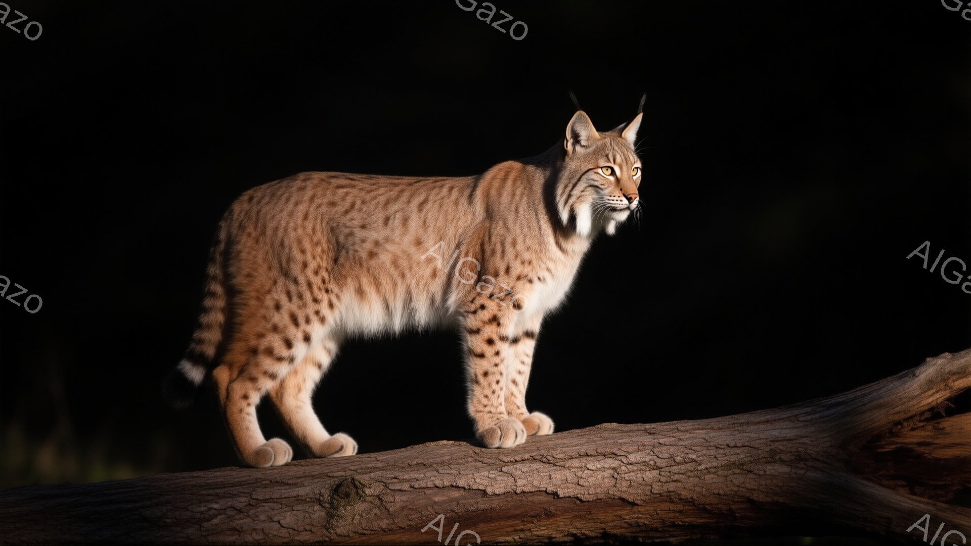 画像には、茶褐色の毛並みを持つヨーロッパオオヤマネコが、太い木の枝の上に立っている姿が写っています。その猫は右を向き、鋭い眼差しで何かを捉えようとしており、体全体が筋肉質で力強く、威厳に満ちています。背景は暗く、森林の奥深くを連想させる自然環境であり、猫の存在感を際立たせています。