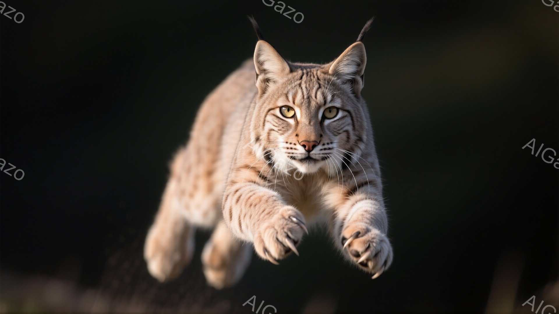 画像には、毛皮が茶色と白の縞模様で覆われた、途中でジャンプしているヨーロッパオオヤマネコが写っている。鋭い爪を突き出し、集中した表情で、獲物を狙っているかのような躍動感がある。背景は暗くぼやけており、オオヤマネコの運動能力と野生の雰囲気を際立たせている。