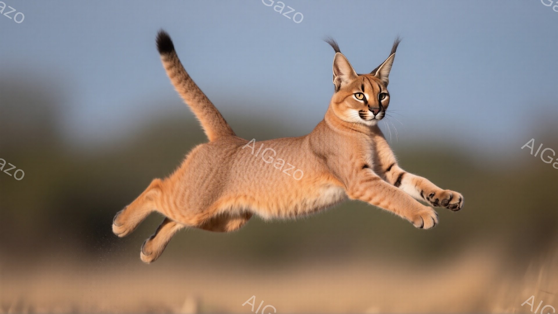 茶色のカラカルが、草の生えた大地の上を力強く飛び跳ねている様子が捉えられています。その体は空中で大きく伸び、前脚と後脚がそれぞれ異なる方向に伸びています。背景はぼやけた茶色の草地で、カラカルの躍動感とスピード感を強調しています。