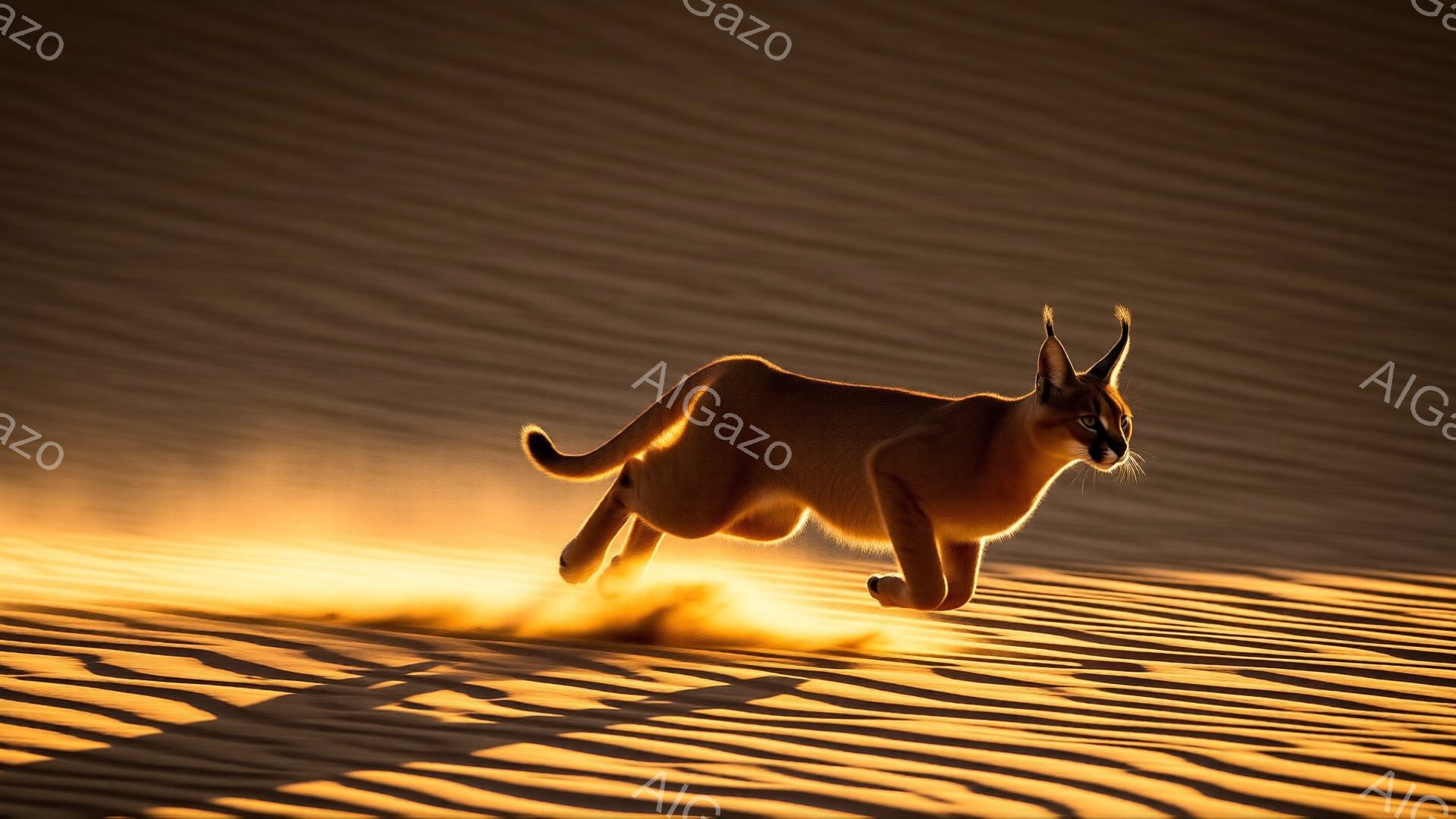 広大な砂漠を、茶色のカラカルが力強く走り抜けている様子が捉えられている。砂の曲線が強調され、太陽の光によって暖かく照らされているため、躍動感と生命力に満ちた印象を与える。背景には砂丘が広がり、カラカルの走りを引き立てる自然の壮大さが感じられる。