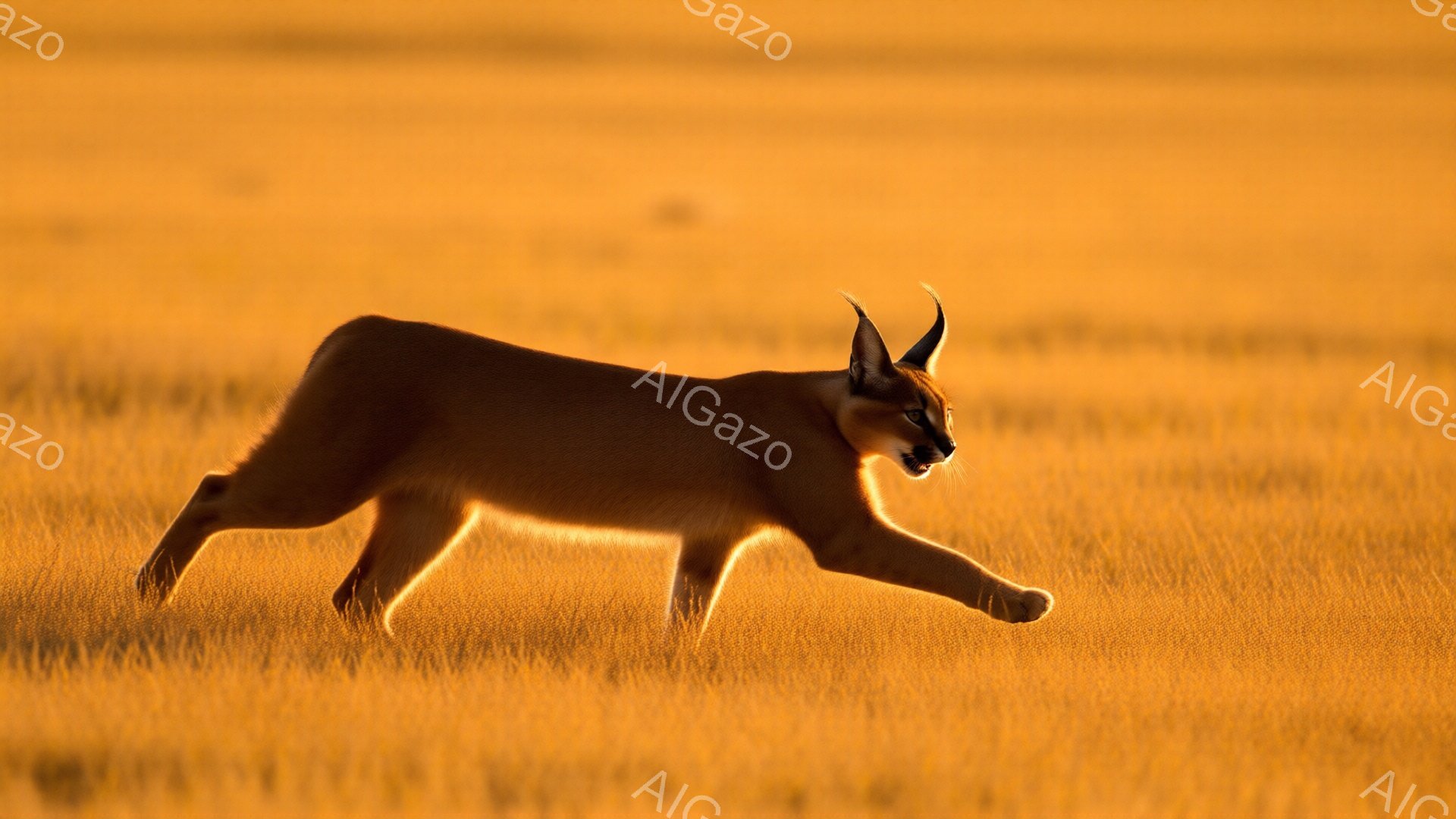 黄金色の草原を、細長い体と尖った耳を持つカラカルが力強く駆けている。夕焼けのような暖かな光が全体を包み込み、草の葉に影を落としている。カラカルの引き締まった筋肉と、獲物を狙うかのような鋭い眼差しが印象的だ。