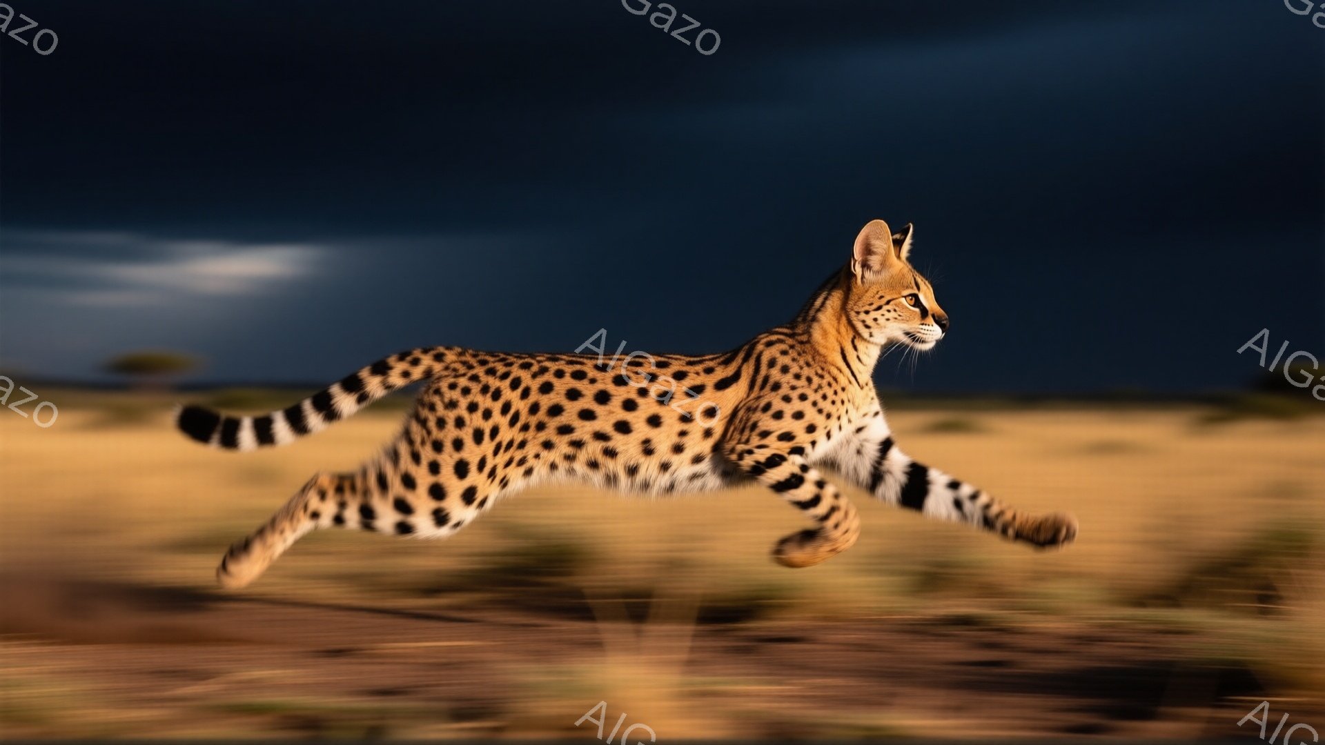 広大なサバンナを、美しい斑点模様のチーターが力強く駆けている。空は暗雲に覆われ、ドラマチックな光がチーターを照らし出している。背景には乾燥した草原が広がり、野生の力強さと自然の厳しさを感じさせる。