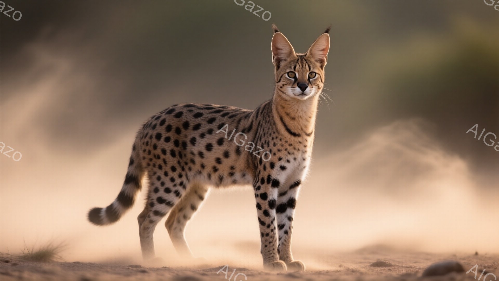 砂埃が舞う大地に、美しい斑点模様のカラカルが凛々と佇んでいる。鋭い眼光でこちらを見つめ、獲物を狙うような緊張感と威厳が感じられる。背景はぼやけており、カラカルの存在感が際立っている。