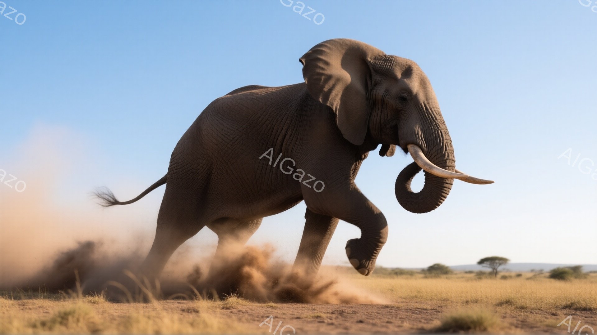 巨大なアフリカゾウが荒野を疾走している様子が捉えられています。埃が舞い上がり、力強い足が大地を踏みしめる姿は躍動感にあふれています。背景には乾いた草原と遠くに見える木々が広がり、日中の強い光が照らし出すサバンナの風景が広がっています。
