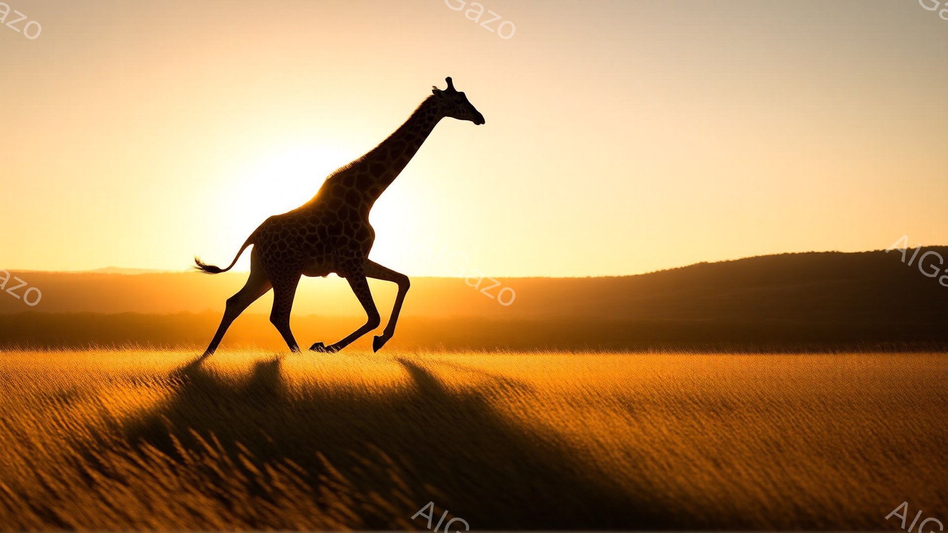 広大なサバンナで、キリンが夕焼けを背景に走っている姿が捉えられています。草木は夕日に照らされ黄金色に輝き、キリンのシルエットが際立っています。遠くには山並みがぼんやりと見え、全体的に暖かく、力強い生命力を感じさせる雰囲気です。