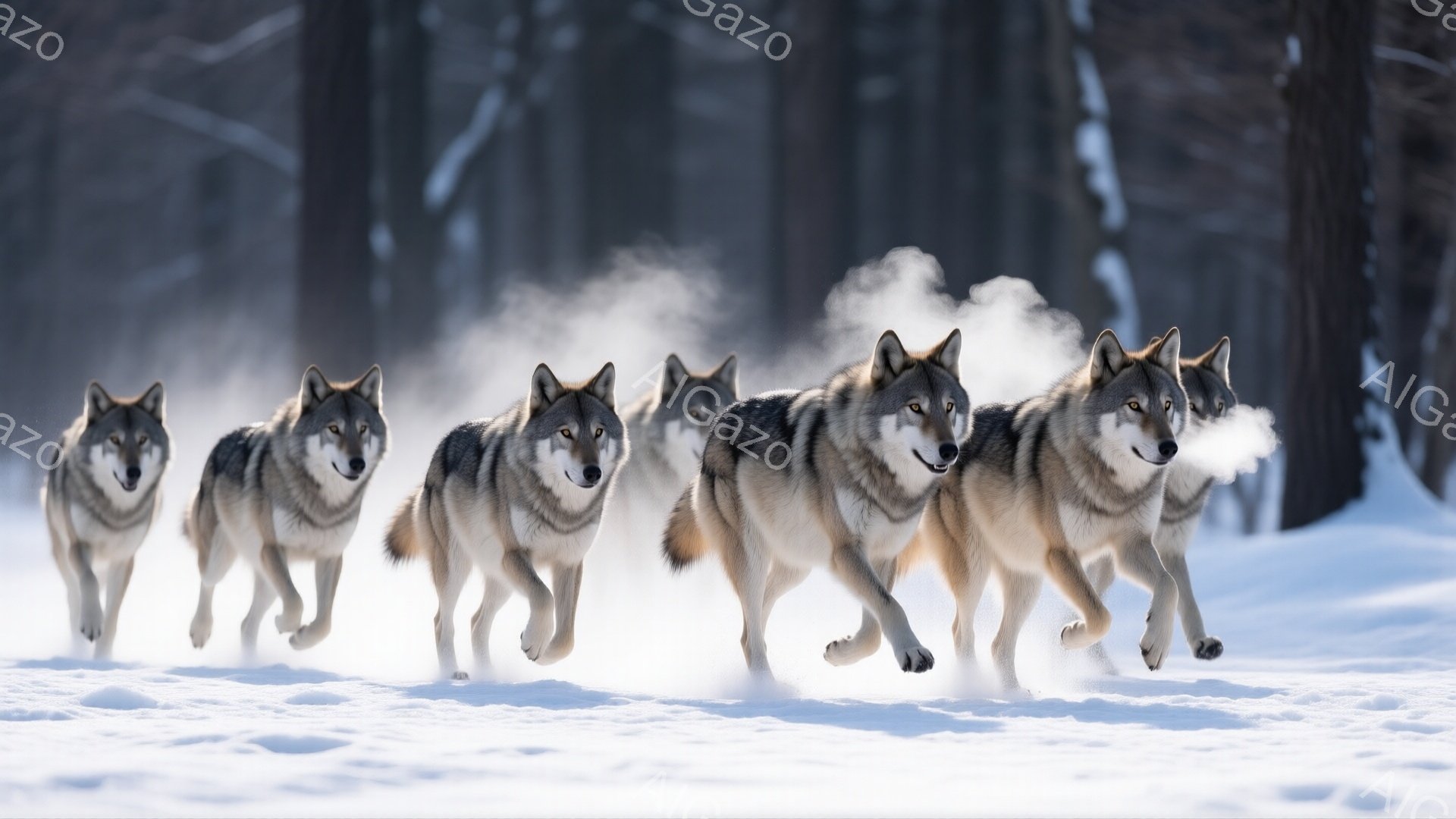 白い雪原を、一列に並んだ5匹のオオカミが疾走している。彼らは皆、鋭い眼差しで前を見据え、息を吐くたびに白い蒸気が立ち上っている。背景にはうっそうとした冬の森が広がり、冷たく厳しい冬の雰囲気を醸し出している。