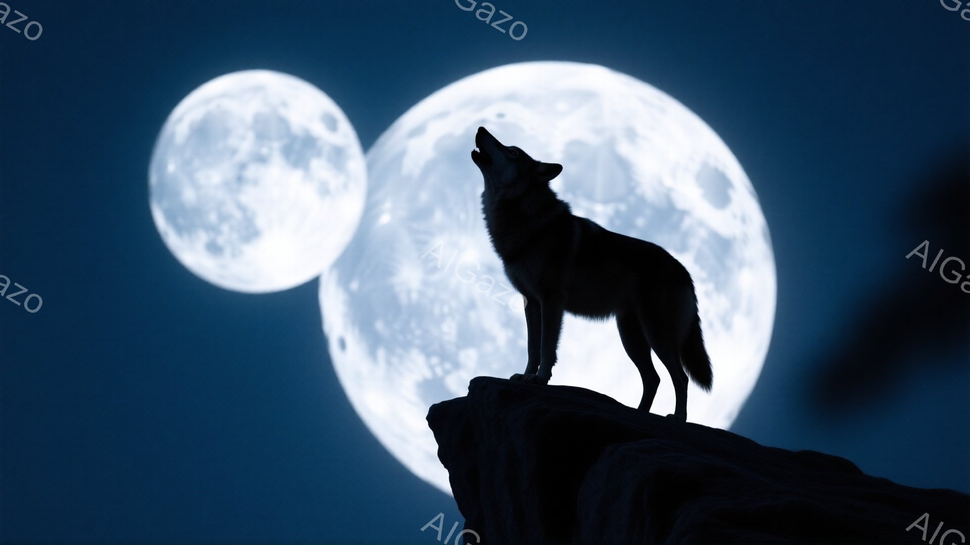 暗い夜空を背景に、岩の上で遠吠えをする狼が描かれています。満月が大きく輝き、その光が狼のシルエットを際立たせています。全体的に神秘的で力強い雰囲気が漂い、夜の静寂と自然の雄大さを感じさせます。