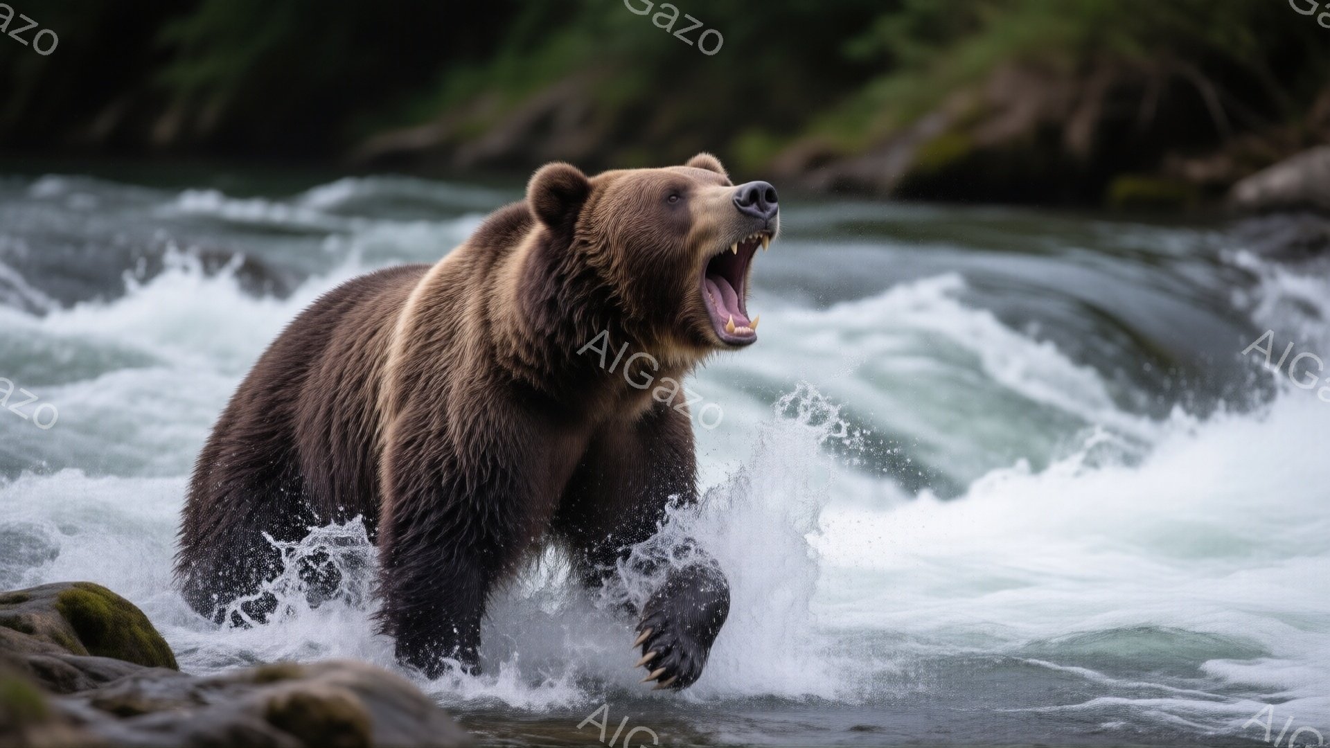 強力なクマが激しい流れの川の中で、口を開けて咆哮しています。体は茶色い毛で覆われ、力強い足で水しぶきを上げています。背景には緑豊かな森林が見え、全体的に野生の力強さと自然の厳しさを感じさせるダイナミックな瞬間が捉えられています。