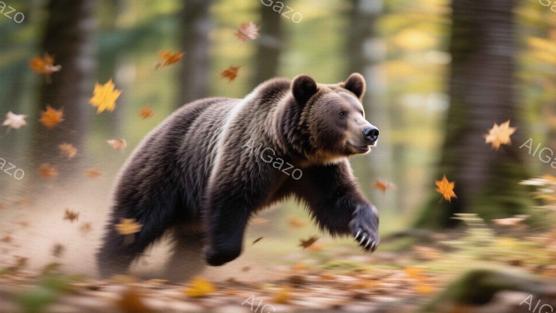 広大な森林の中で、茶色のクマが前進している姿が捉えられています。地面には落ち葉が舞い散り、クマの動きに合わせてぼやけています。背景は緑豊かな木々で、秋の森の静寂と力強さを感じさせます。