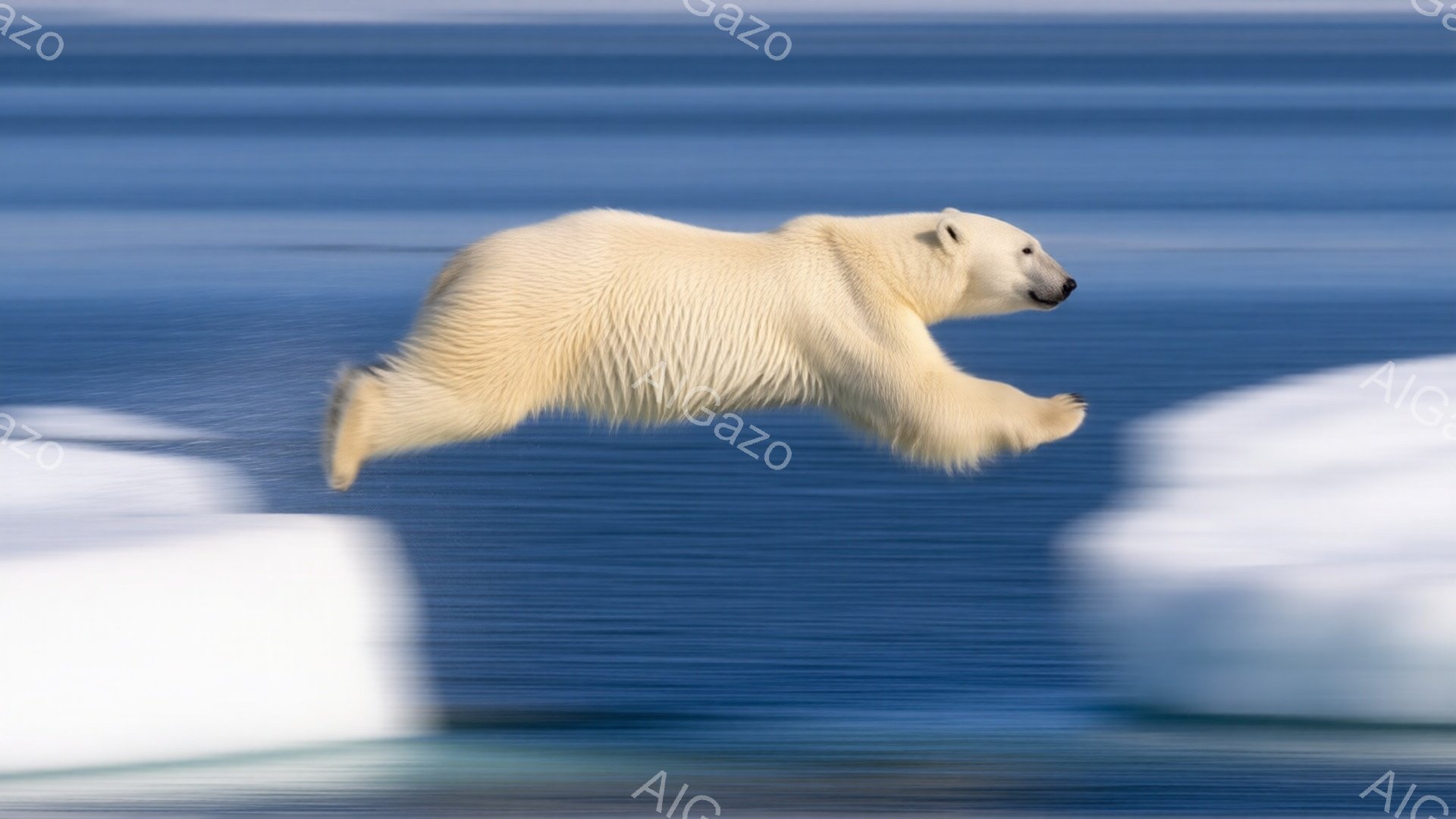 白い背景の氷河の間を、一頭のホッキョクグマが大きくジャンプしている様子が捉えられています。毛並みはふさふさとしており、迫力のある姿は躍動感に満ちています。背景には青い海が広がり、寒々とした北極の雰囲気を醸し出しています。
