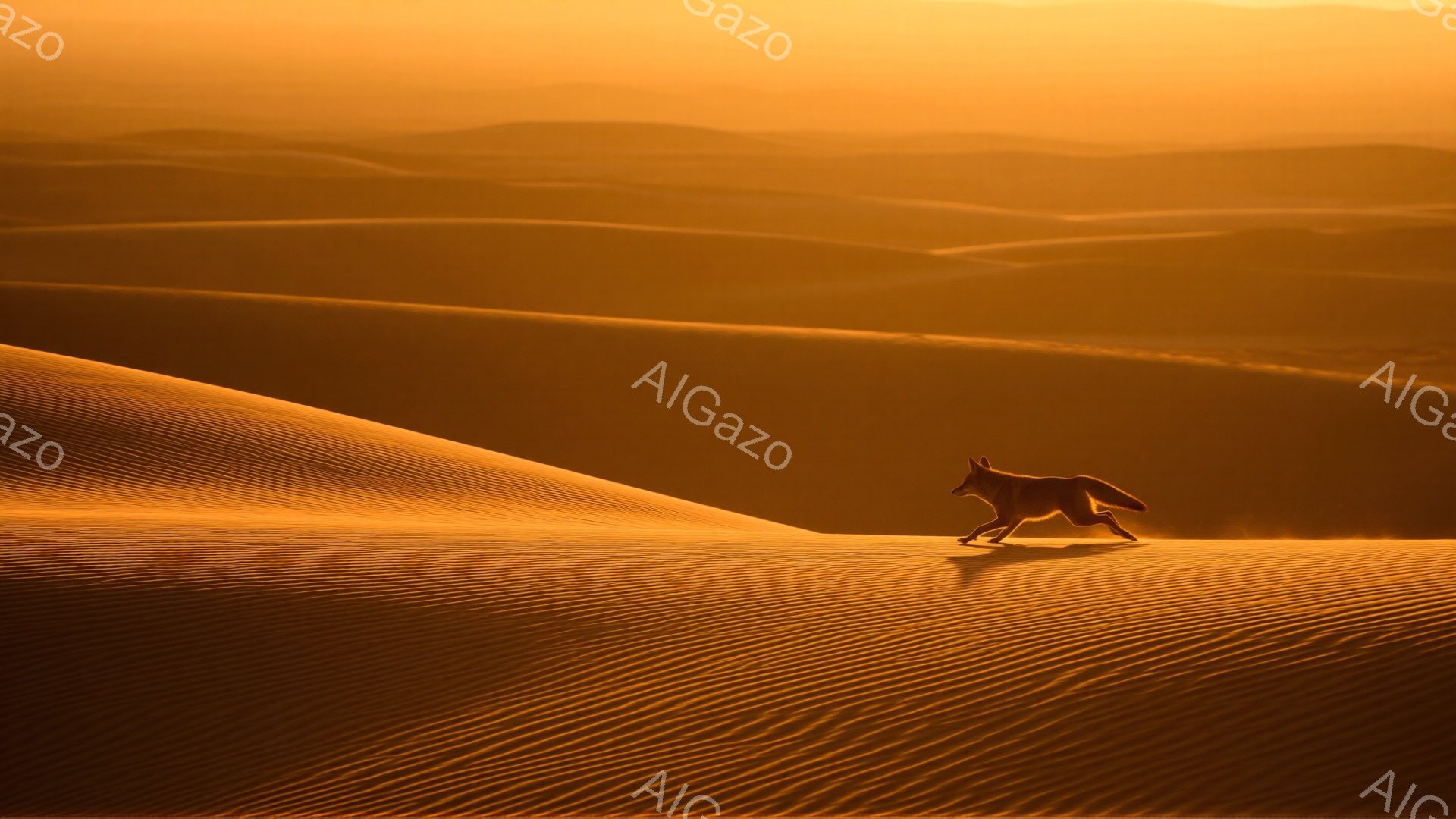 広大な砂丘がうねる風景の中に、一匹のキツネがシルエットで描かれている。砂丘は鮮やかなオレンジ色で照らされ、光と影のコントラストが強調されている。キツネは砂丘を駆け上り、力強く、そして孤独な姿が印象的である。