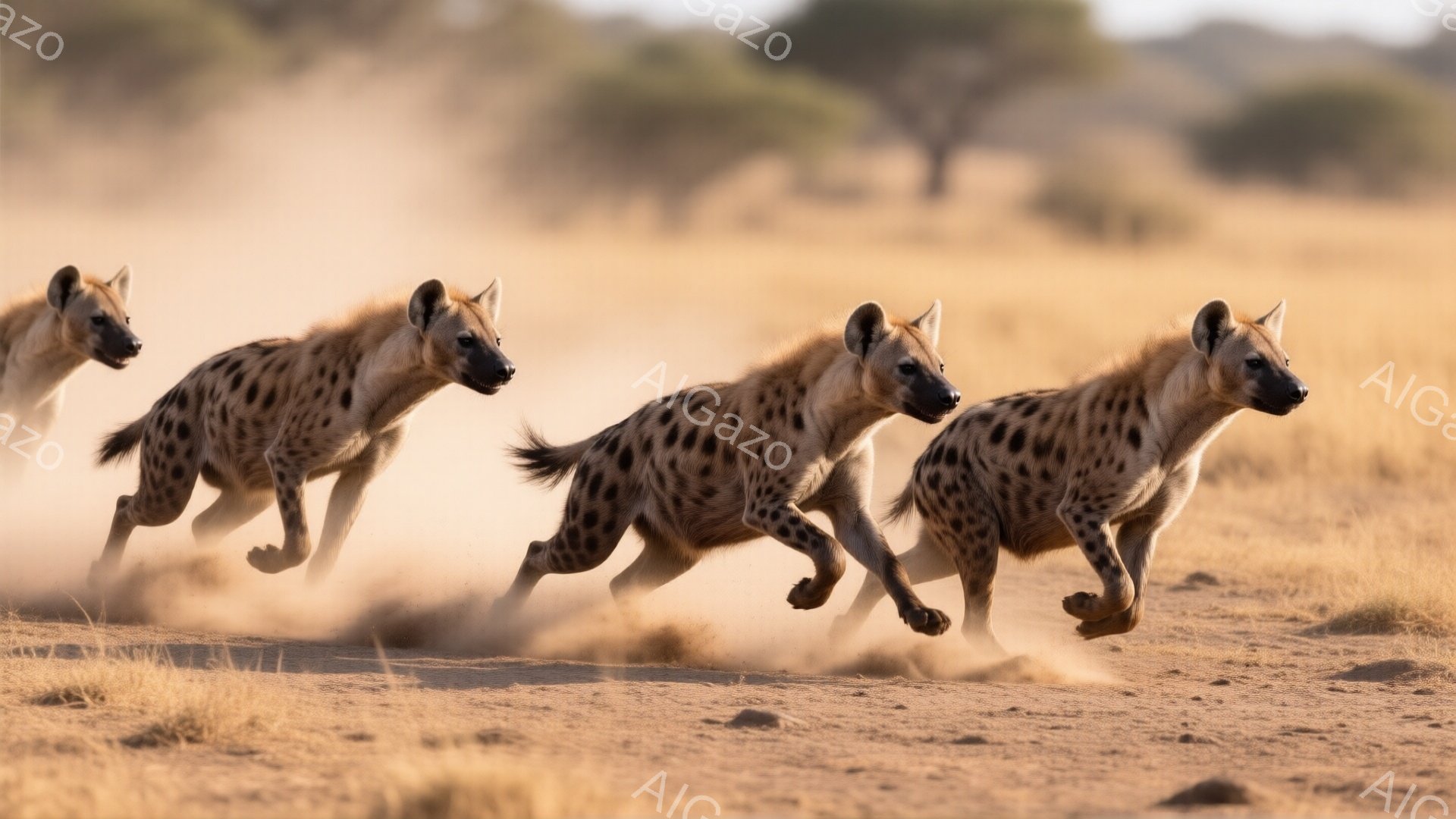 画像には、砂埃を巻き上げながら走るハイエナが複数写っています。ハイエナたちは斑点模様の毛皮を持ち、力強く前進しています。背景は乾燥した草原で、日差しが強く照りつけており、荒涼とした雰囲気が漂っています。