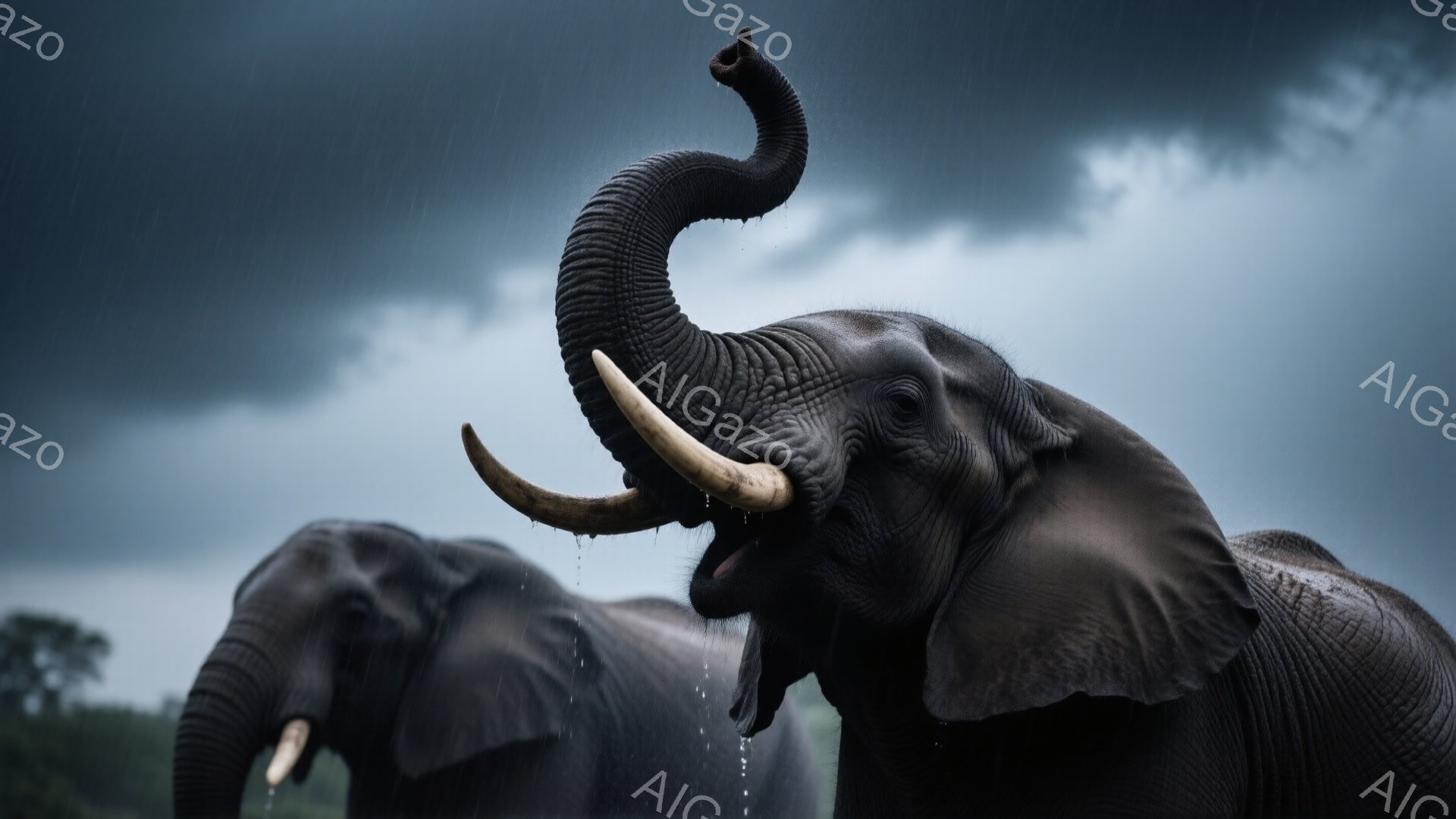 強い雨が降る中、2頭のゾウが描かれている。片方のゾウは口を開けて鼻を高く上げ、雨を浴びている様子が印象的で、もう一方のゾウは背景でぼやけている。背景は緑豊かな木々で覆われ、暗く曇った空が重苦しい雰囲気を醸し出している。