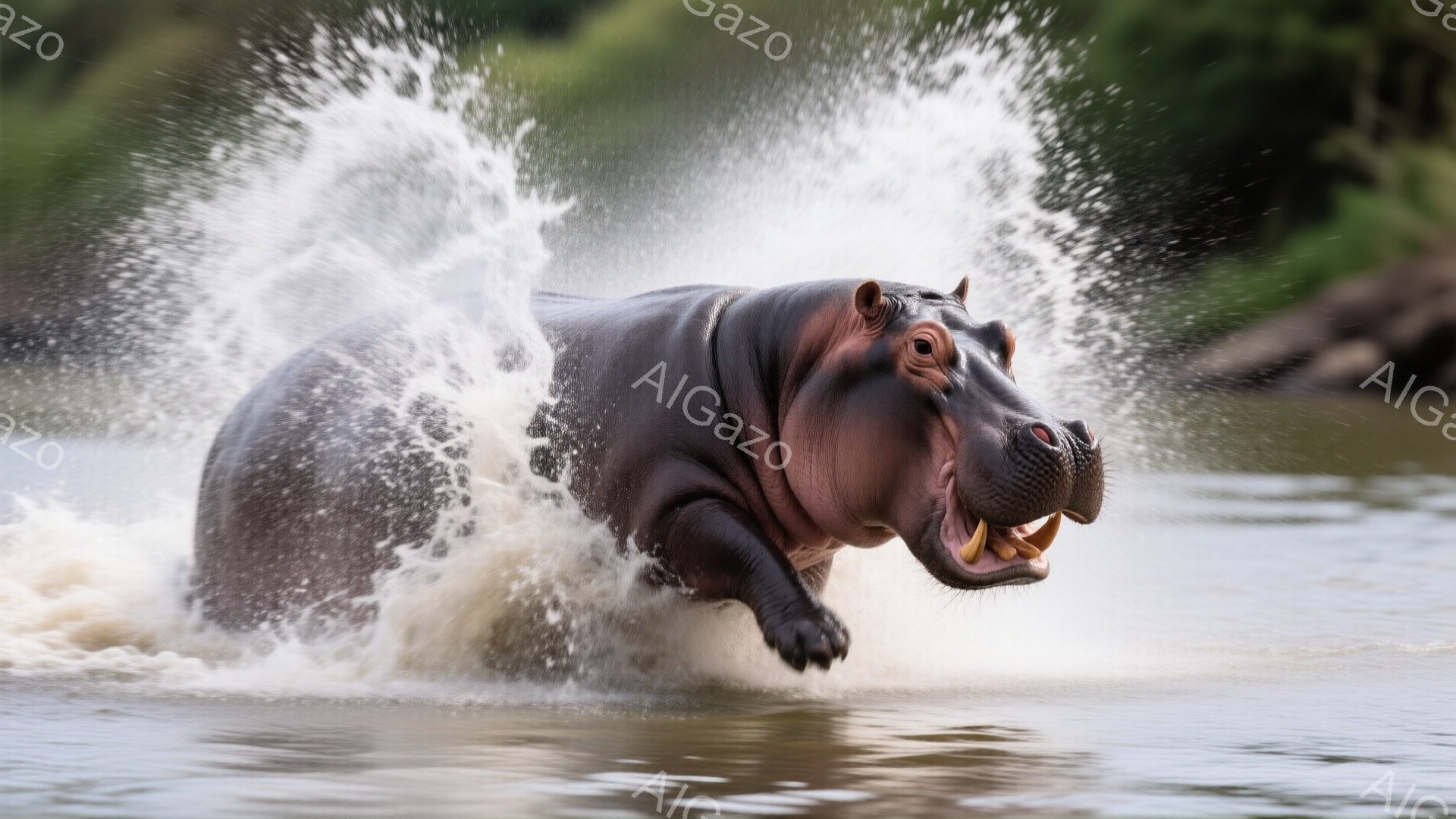 巨大なカバが水面から飛び出し、激しい水しぶきを上げている様子が捉えられている。カバは口を開けて牙を見せ、躍動感あふれる姿勢で水の中を疾走している。背景には緑豊かな自然が広がり、水面には太陽の光が反射し、活気に満ちた雰囲気を醸し出している。