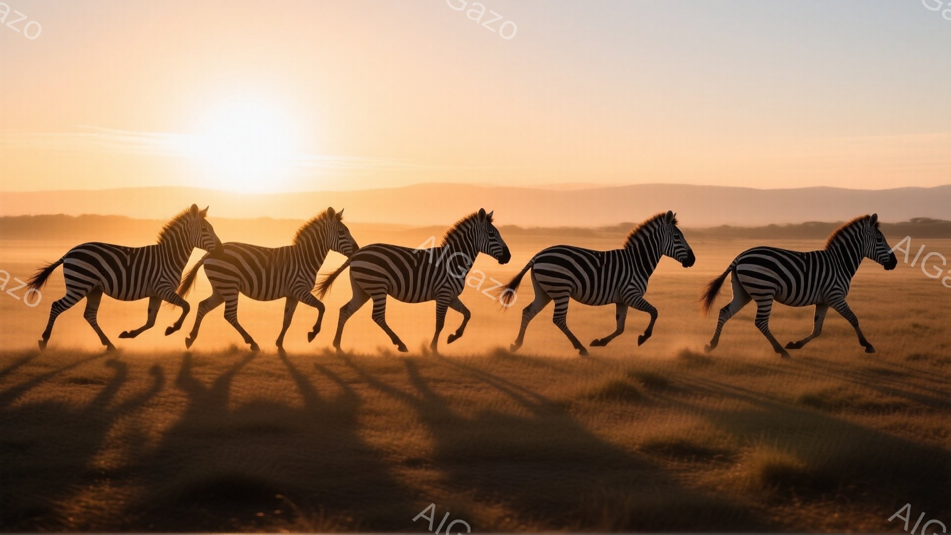 シマウマが草原を駆ける姿が捉えられています。夕焼けの時間帯で、オレンジ色の太陽が背景に大きく輝き、草原を照らしています。シマウマの影が長く伸び、疾走感と夕焼けの暖かさが相まって、力強い生命力を感じさせ - AI生成フリー素材