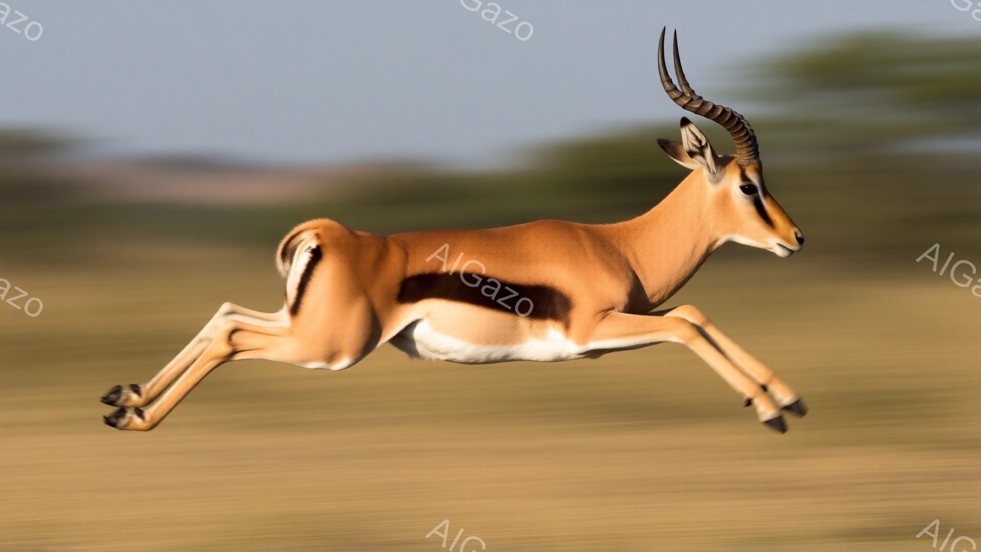 広大なサバンナで、ガゼルが力強く飛び跳ねている様子が捉えられています。茶色と白のコントラストが美しい体躯は躍動感に満ち溢れ、細長い角が特徴的です。背景にはぼやけた草木が見え、夕焼けのような暖かな光が全体を包み込み、野生の生命力溢れる雰囲気を醸し出しています。