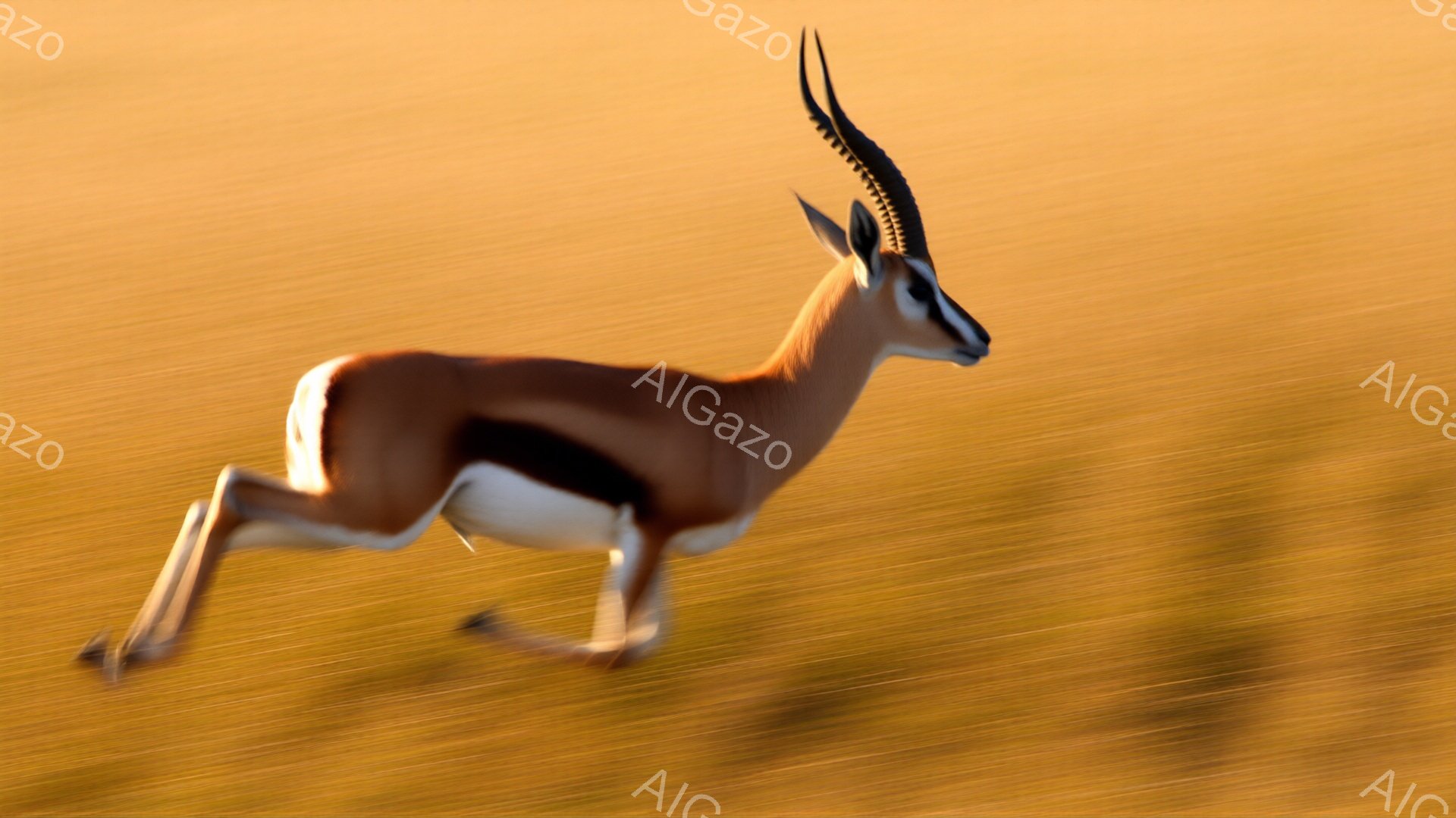 鮮やかなオレンジ色の背景に、ガゼルが疾走する姿が捉えられています。その体は流線型で、筋肉が躍動しているのが分かります。背景は乾燥した草原で、太陽の光が差し込み、暖かく明るい雰囲気を醸し出しています。