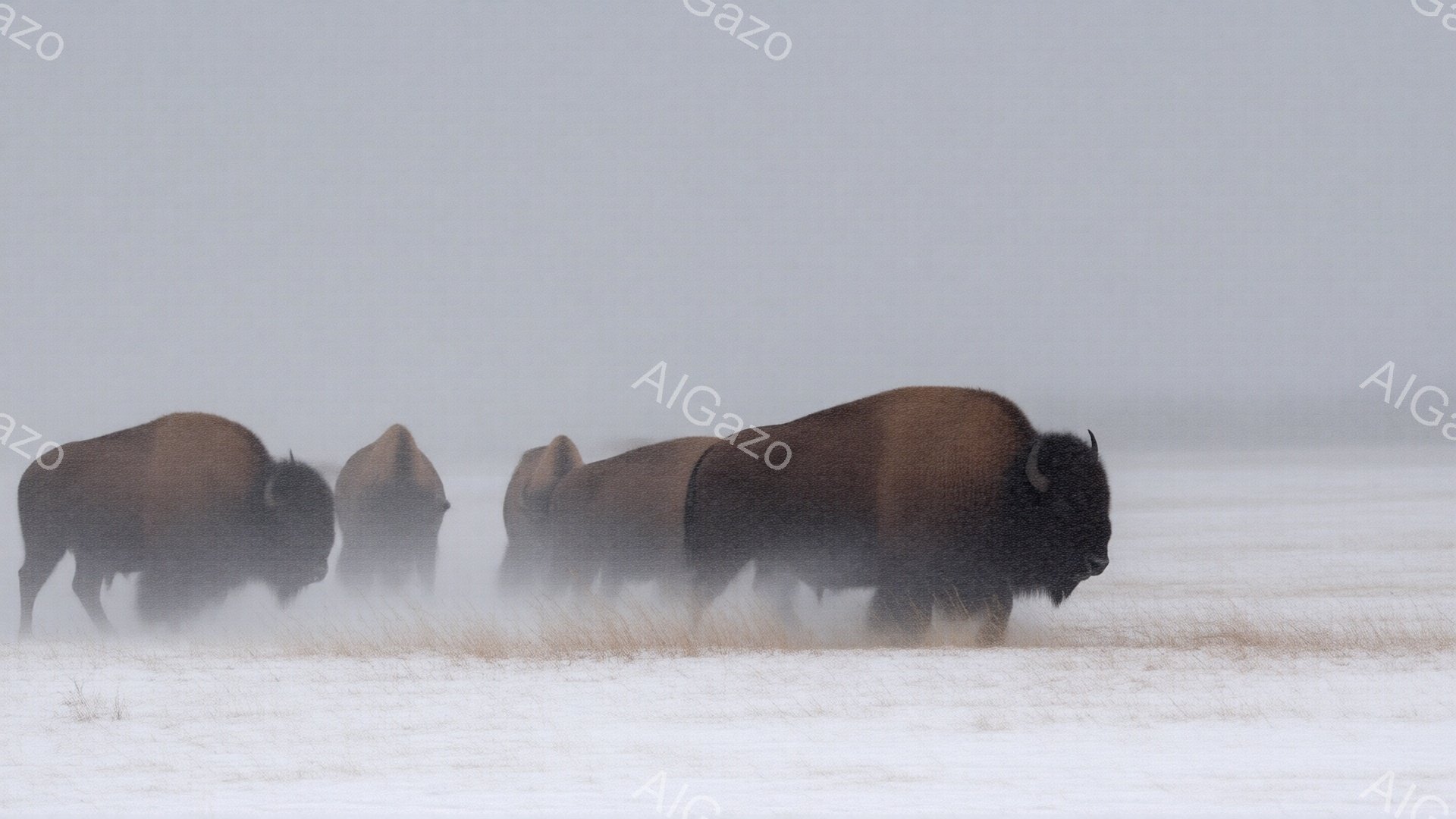広大な雪原を、3頭のバイソンが歩いている様子が捉えられています。周囲は霧や雪で視界が悪く、バイソン達の姿は少しぼやけて見えますが、その力強いシルエットが印象的です。寒々とした冬の風景の中に、野生動物の生命力と自然の厳しさが感じられます。